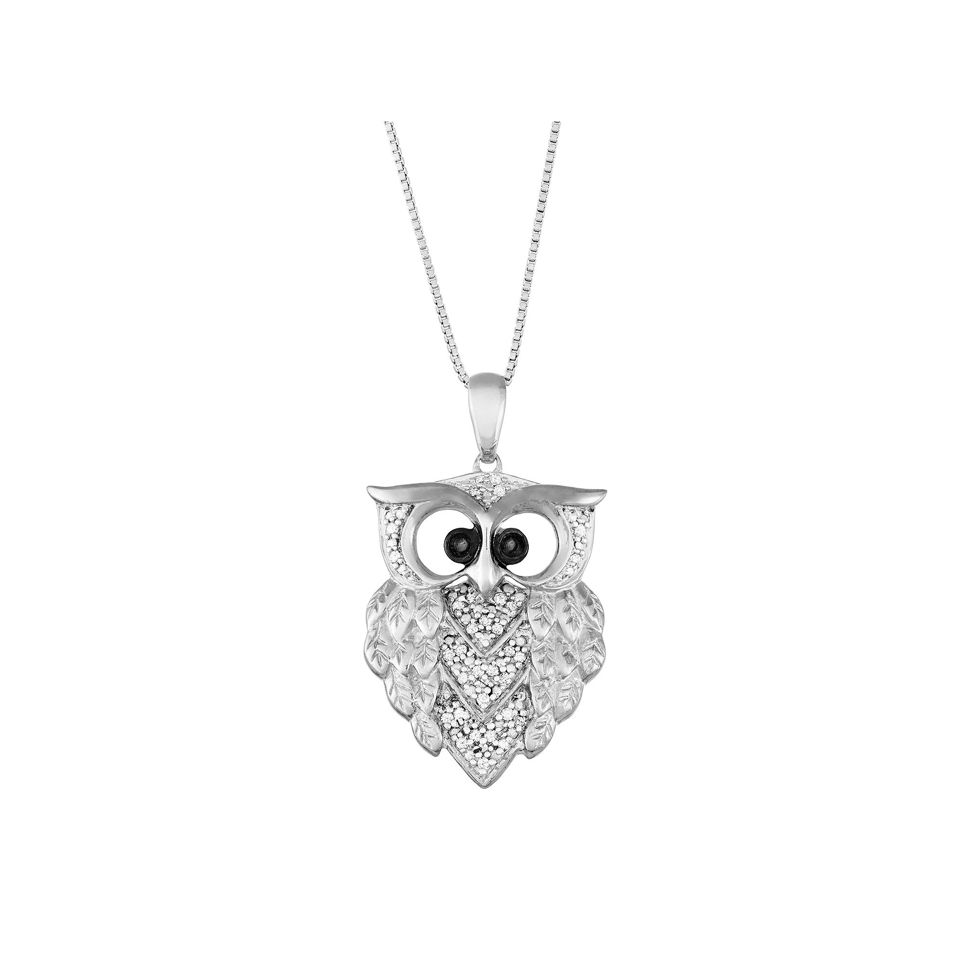Sterling Silver 1/6 Carat T.W. Black & White Diamond Owl Pendant, Women's, Size: 18" Product Image