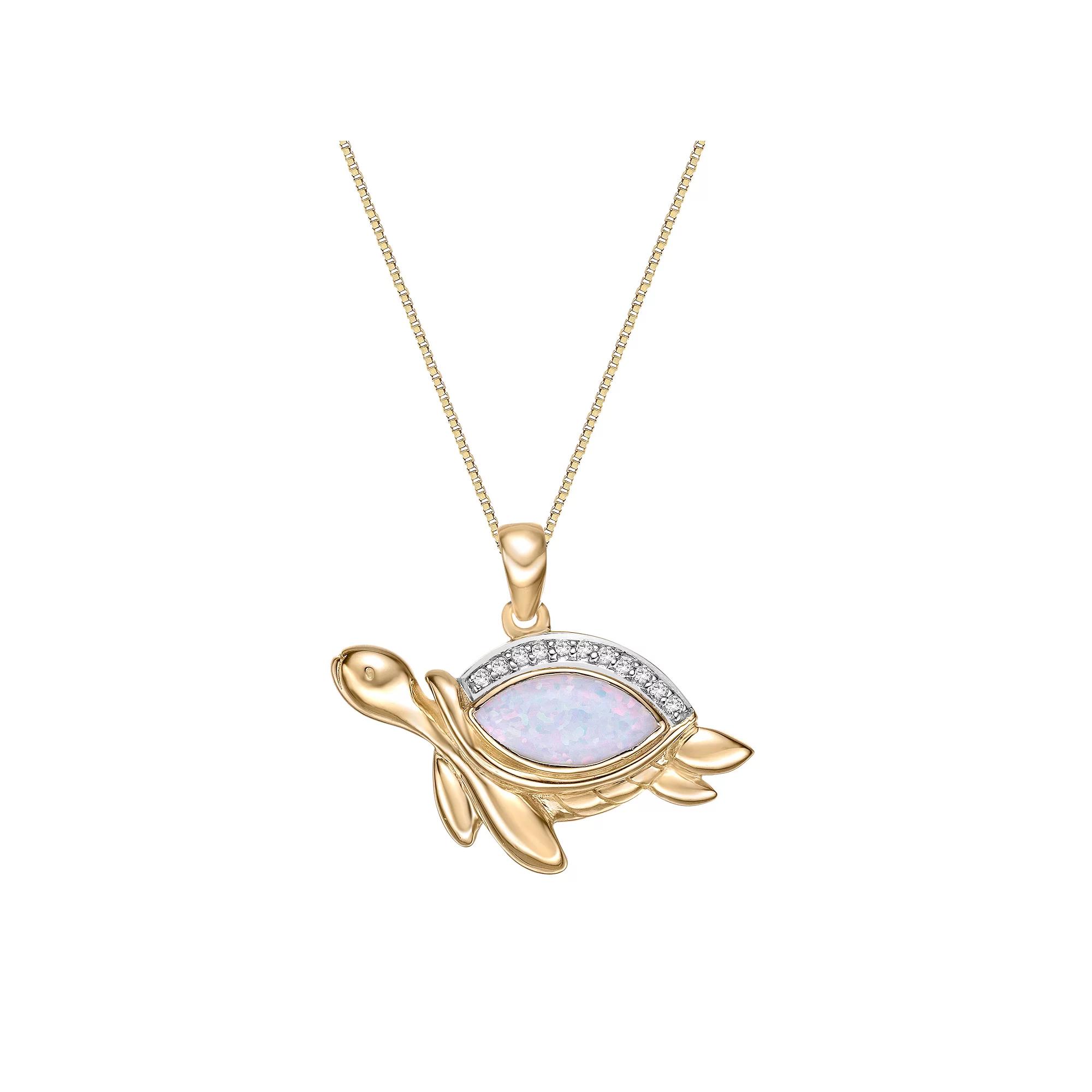 Gemminded 2 Micron 18K Gold Plated Sterling Silver Lab-Created Opal & Lab-Created White Sapphire Turtle Pendant, Women's, Size: 18", Gold Tone Product Image