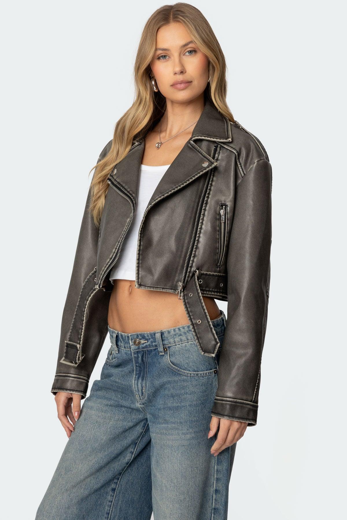 Washed Faux Leather Jacket Product Image