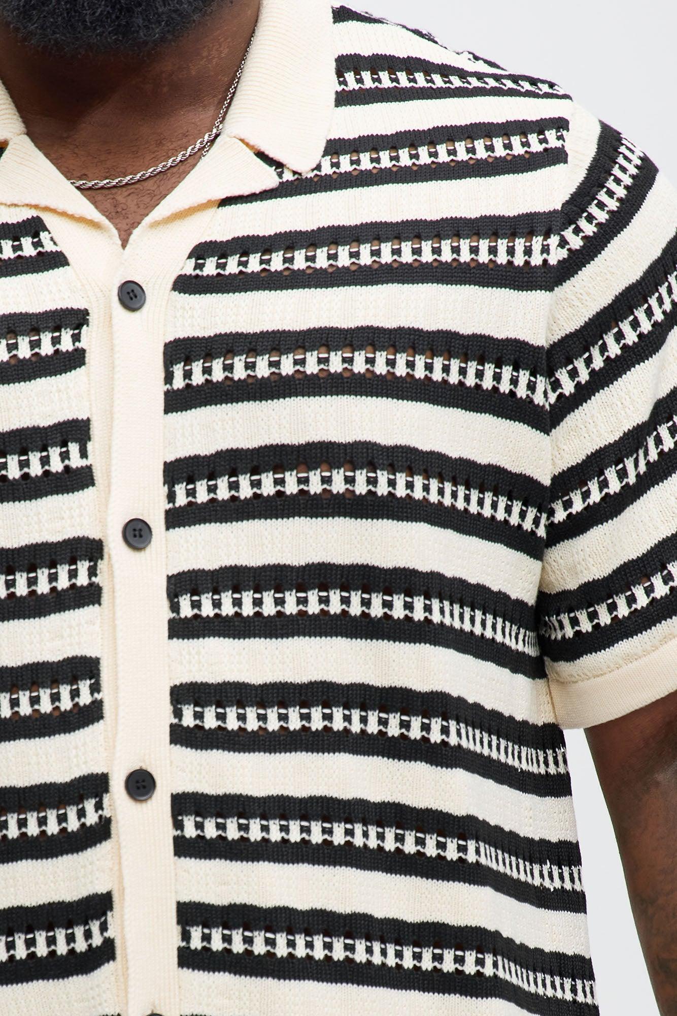 Mumbai Crochet Short Sleeve Cuban Collar Shirt - Black/White Product Image