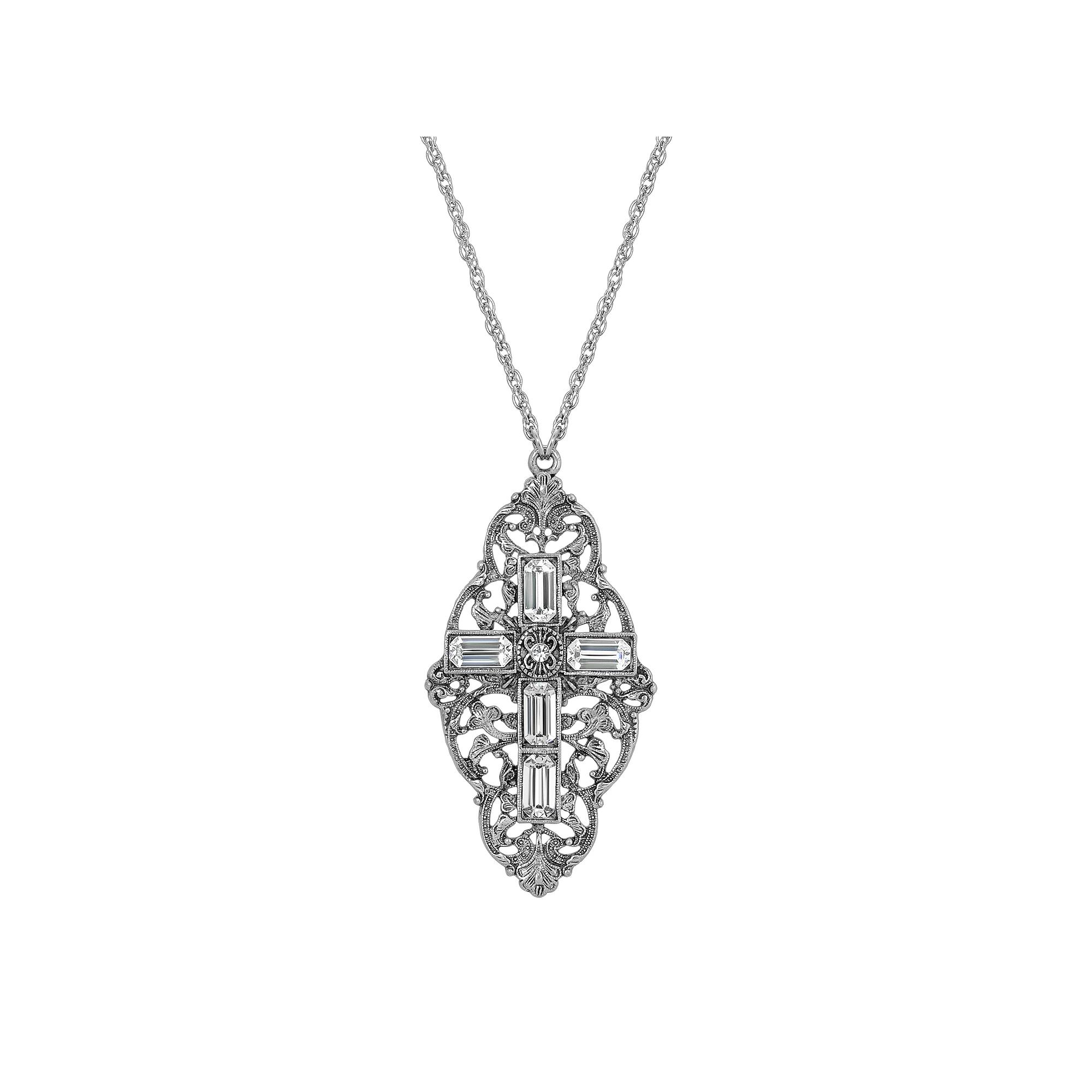 Symbols of Faith Silver Tone Filigree Simulated Crystal Cross Necklace, Womens, Clear Product Image