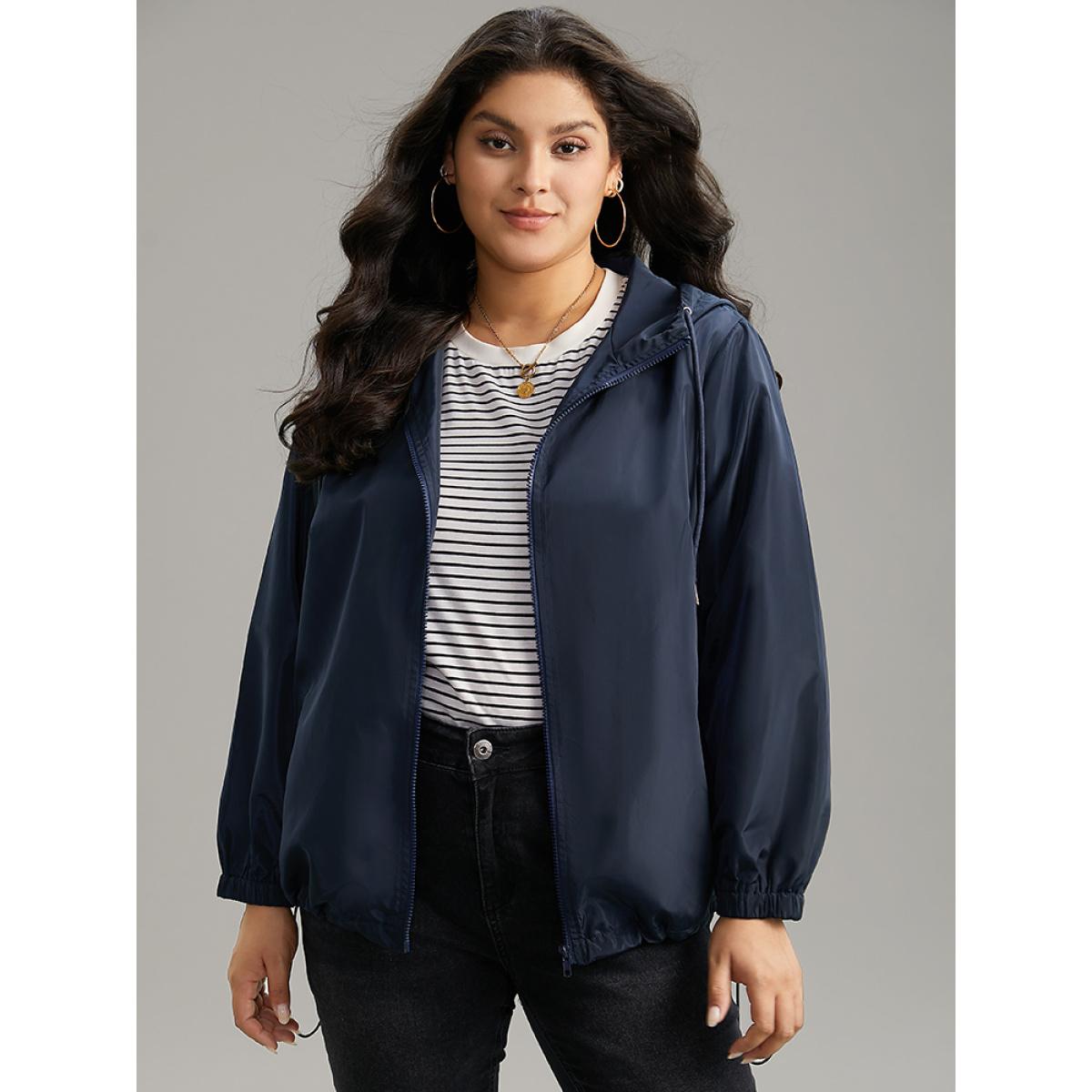 Plus Size Solid Drawstring Zipper Hooded Jacket Women Indigo Elastic cuffs Pocket Dailywear Jackets BloomChic 10/M Product Image