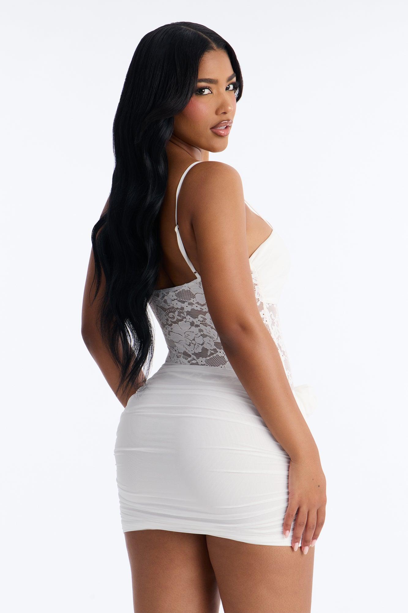 Madison Lace Cut Out Mesh Mini Dress - Ivory Female Product Image