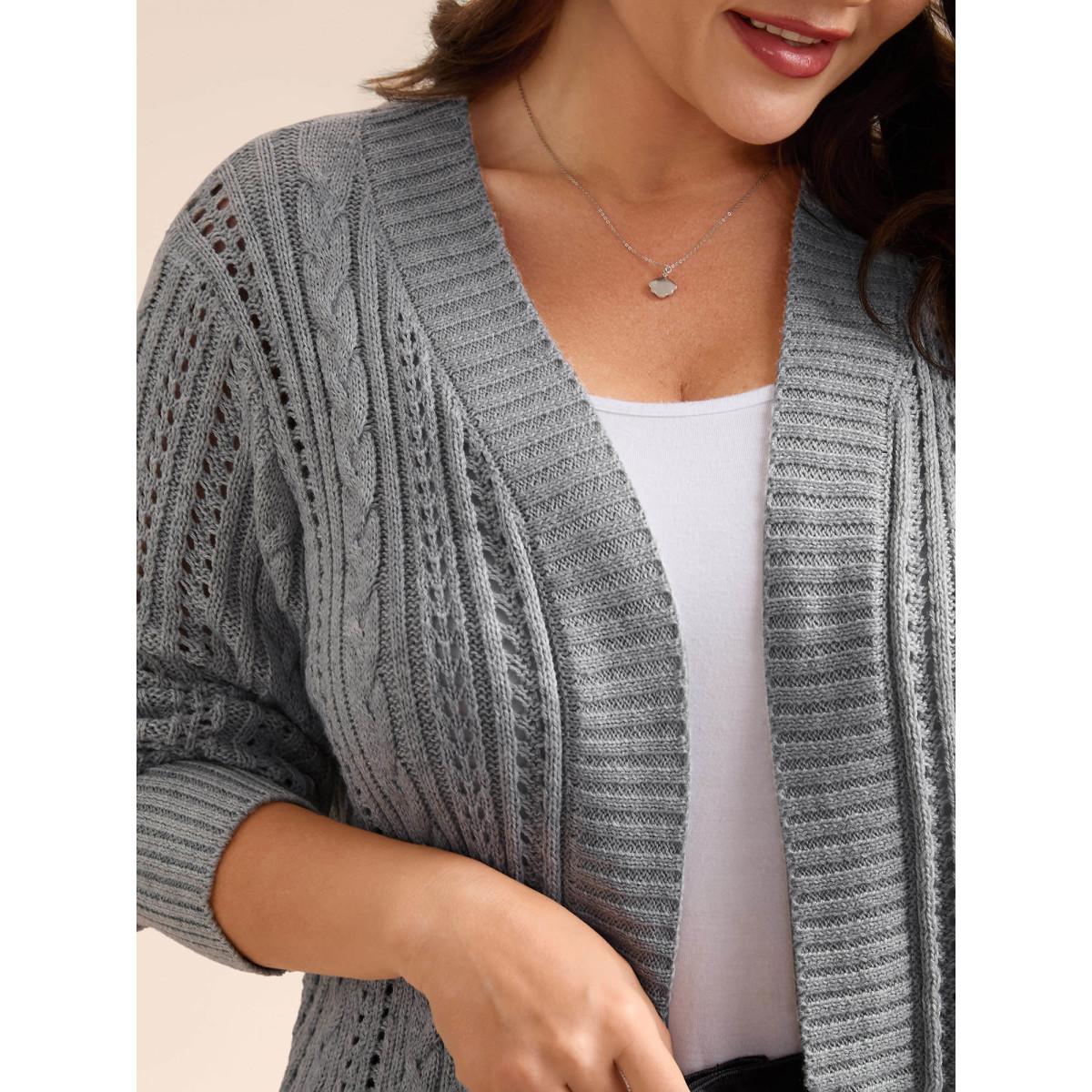 Plus Size Cut-Out Curvy Ribbed Hem Cardigan DarkGray Women Casual Loose Long Sleeve Everyday Cardigans BloomChic 10/M Product Image