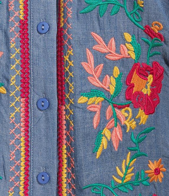 Calessa Plus Size Embroidered Tencel Split Neck 3/4 Sleeve Button Front Tunic Product Image