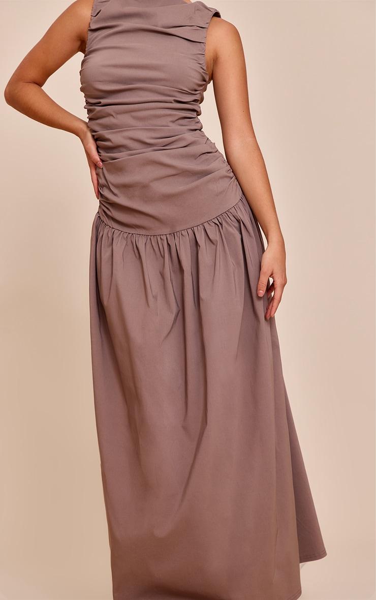 Taupe Stretch Woven Ruched Detail Drop Waist Maxi Dress Product Image