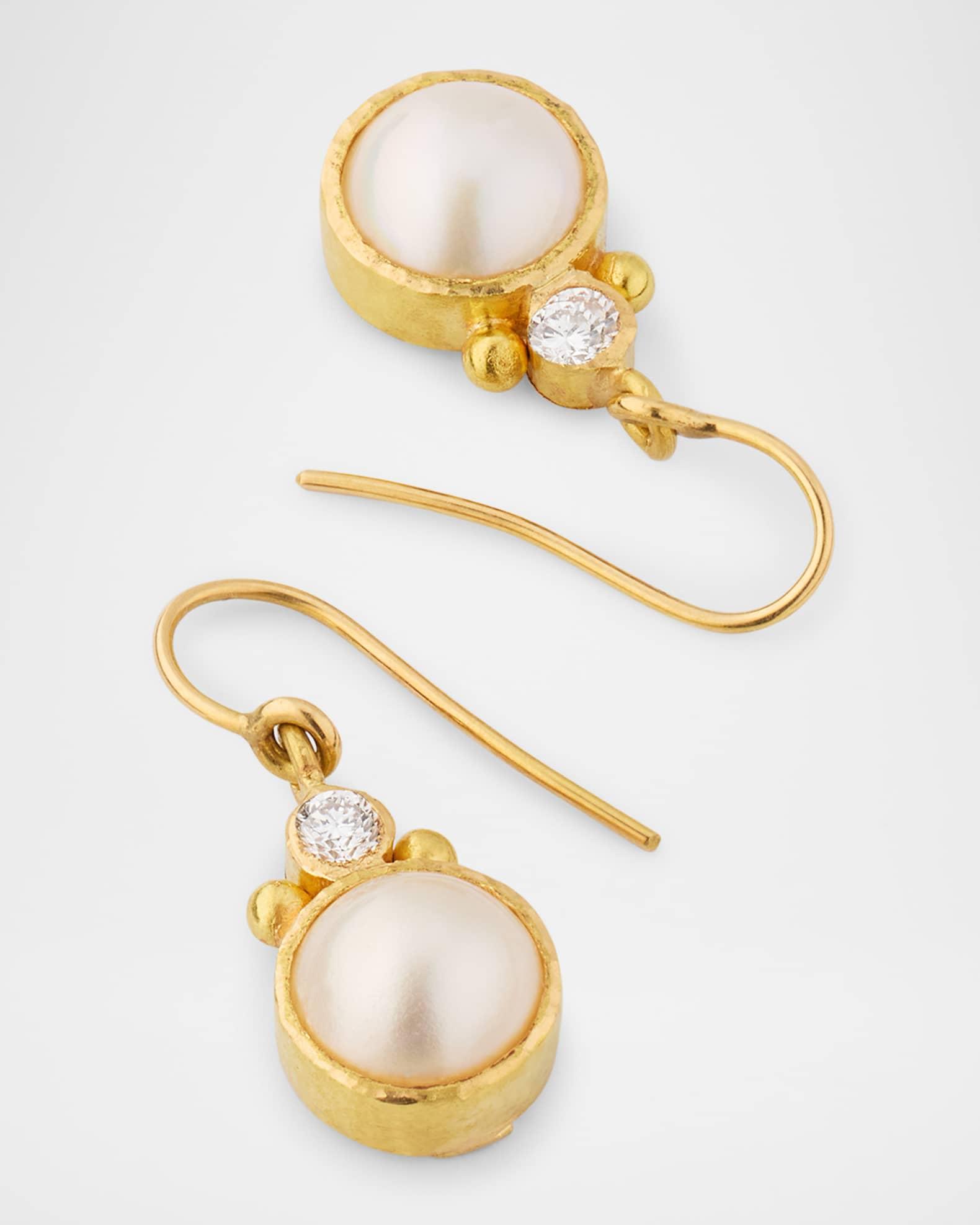 19K Yellow Gold White Mabe Pearl Earrings with Diamonds and Dots Product Image