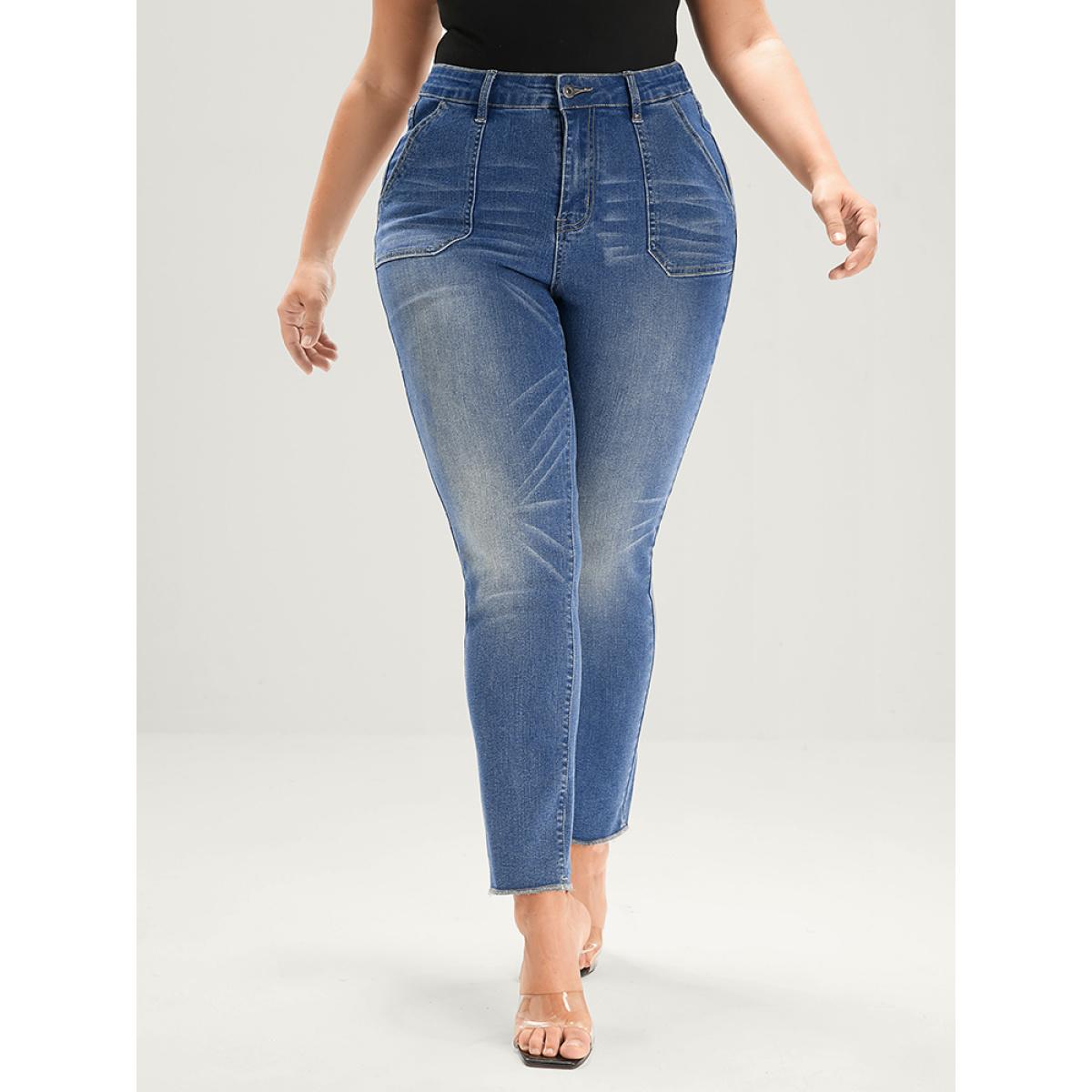 Plus Size Straight Very Stretchy Mid Rise Medium Wash Jeans Women Blue Casual Plain Pocket High stretch Pocket Jeans BloomChic 16/1X Product Image