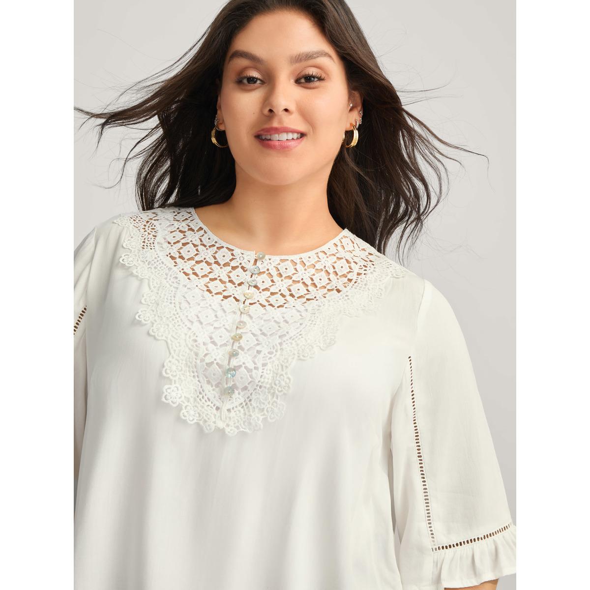 Plus Size WhiteSmoke Lace Spliced Button Detail Blouse Women Elbow-length sleeve Round Neck Elegant Blouses BloomChic 26/4X Product Image