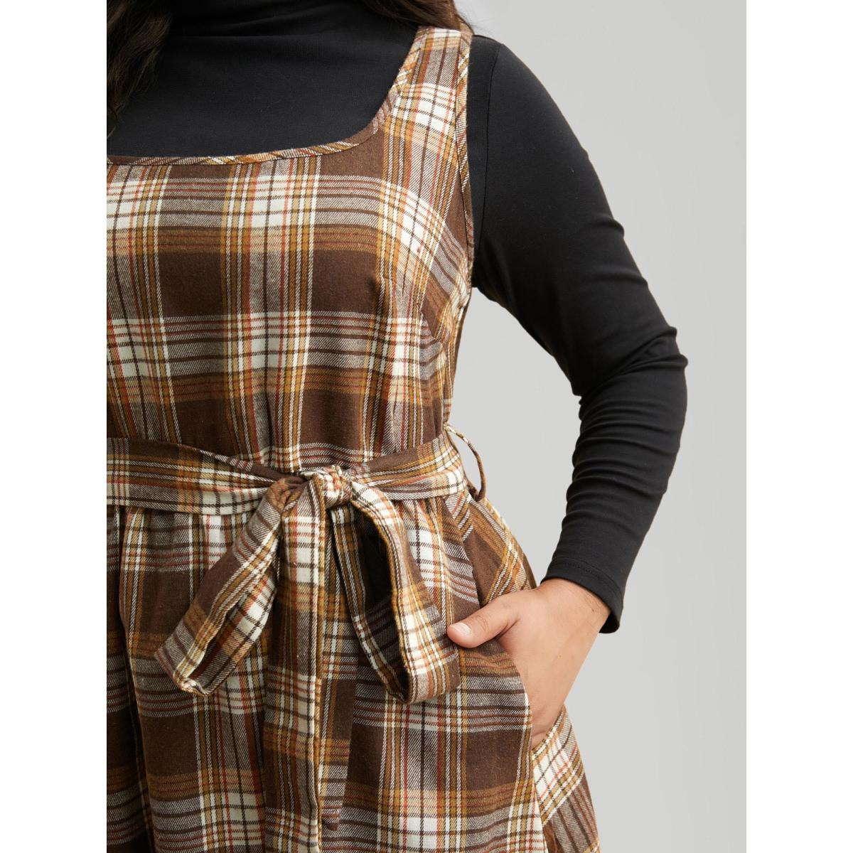 Plus Size Square Neck Plaid Belted Dress Browncoffeecolor Women Elegant Belted Square Neck Sleeveless Curvy BloomChic 14-16/1X Product Image