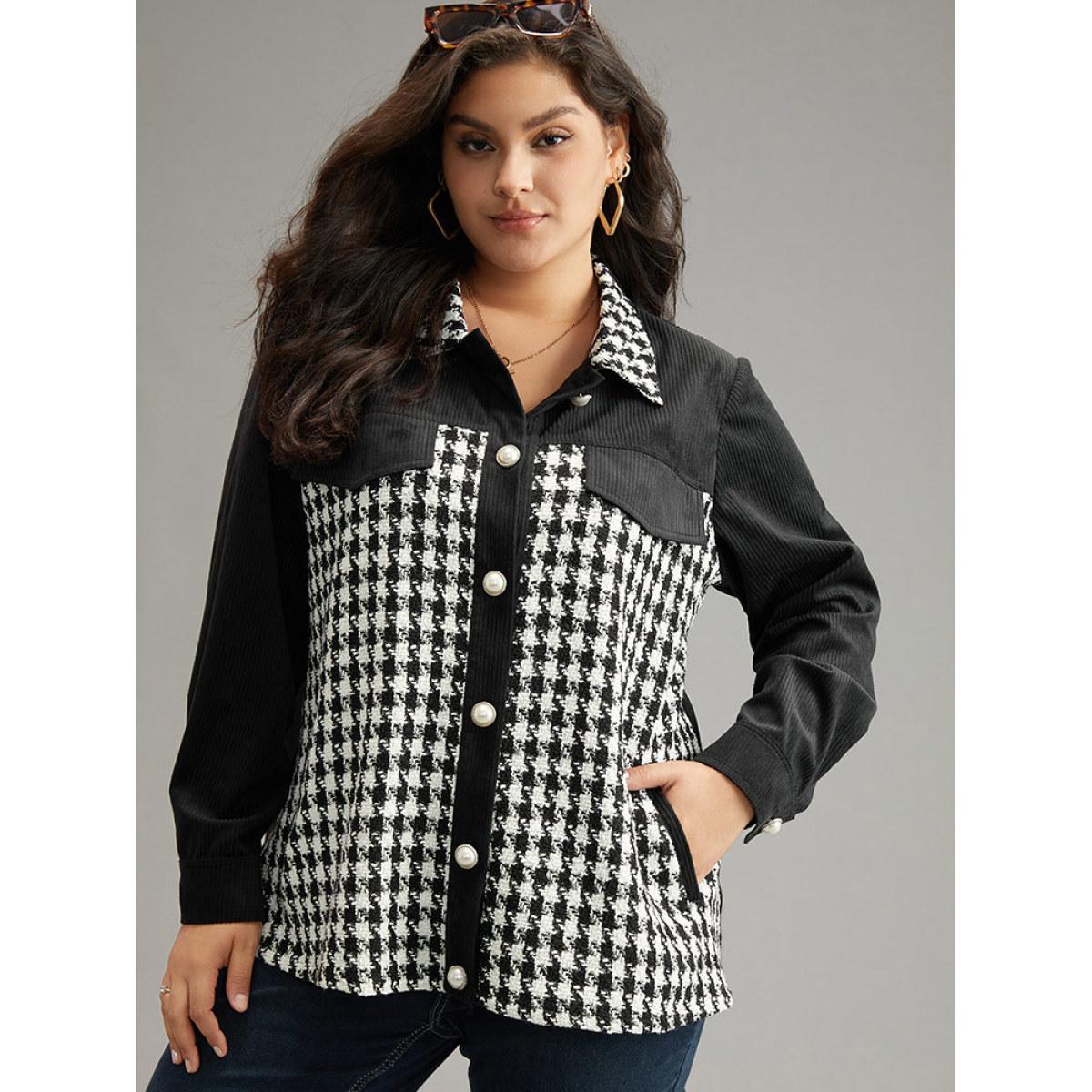 Plus Size Tweed Gingham Button Up Patchwork Pocket Contrast Coat Women Black Casual Contrast Ladies Dailywear Winter Coats BloomChic 18-20/2X Product Image
