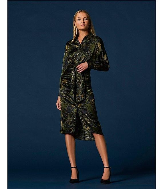 Antonio Melani Roxanne Satin Motif Print Point Collar Long Sleeve Button Front Belted Ruched Waist Midi Shirt Dress Product Image