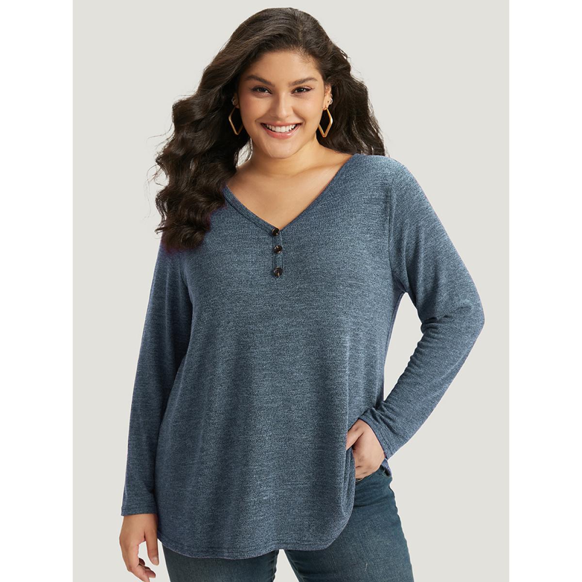 Plus Size Heather Button Up Long Sleeve T-shirt Emerald Women Leisure Heather Plain Casual T-shirts BloomChic 18-20/2X Product Image
