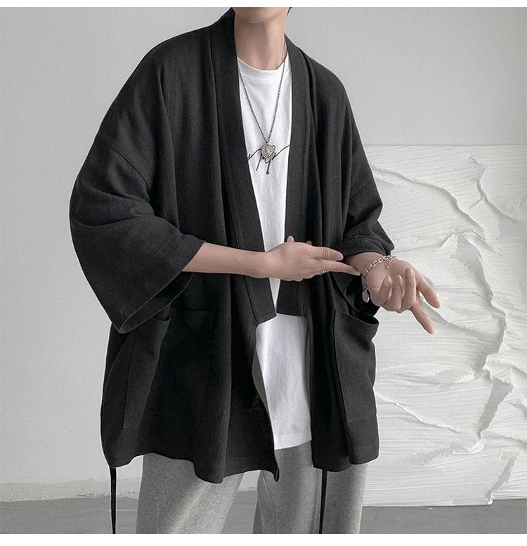 3/4-Sleeve Plain Open Front Kimono Jacket Product Image