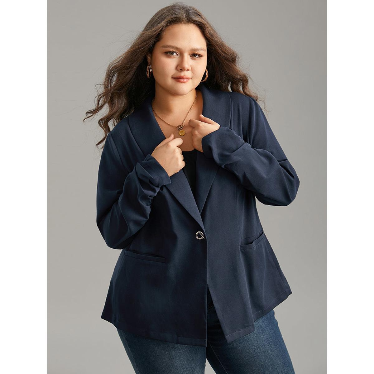 Plus Size Plain Lapel Collar Button Fly Patched Pocket Blazer Midnight Women Dailywear Plain Plain Sleeve Long Sleeve Lapel Collar 28/5X Pocket Casual Blazers BloomChic Product Image
