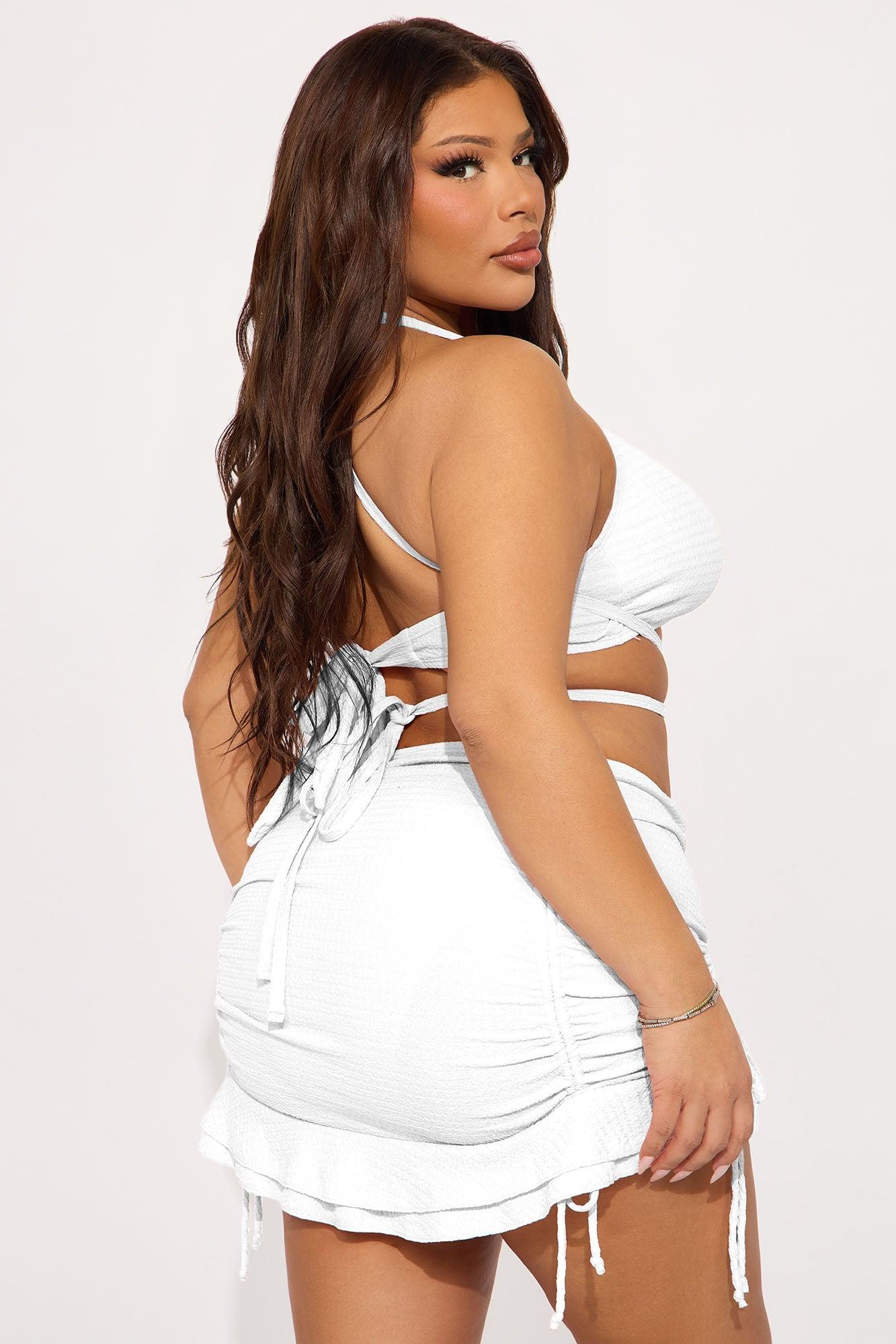 Angelica Textured O-Ring Ruched Skirt 3 Piece Bikini Set - White Product Image