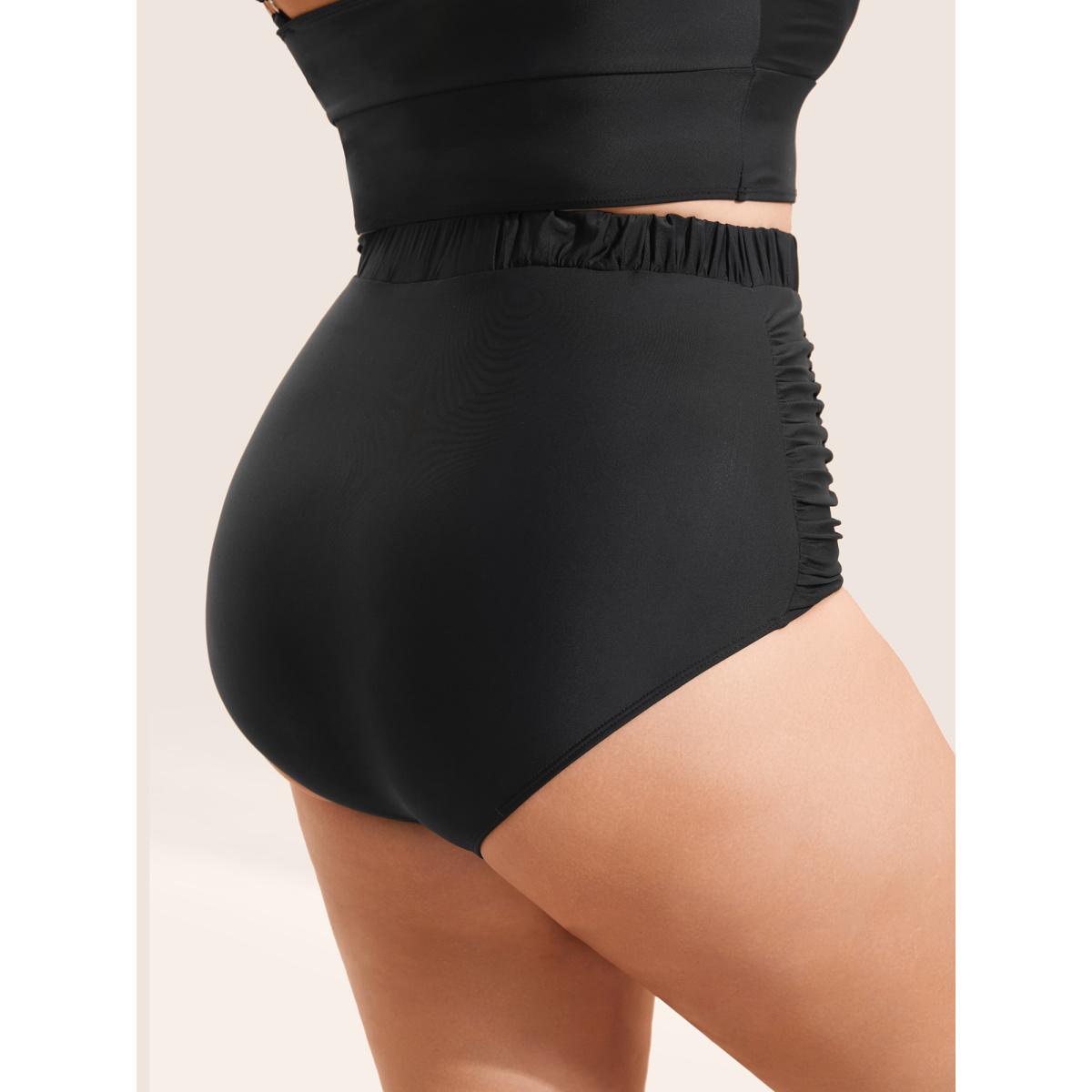 Plus Size Solid Buckle Detail Ruched Swim Bottom Women's Swimwear Black Beach Non High stretch Skinny High Rise Curve Swim Bottoms BloomChic 26/4X Product Image