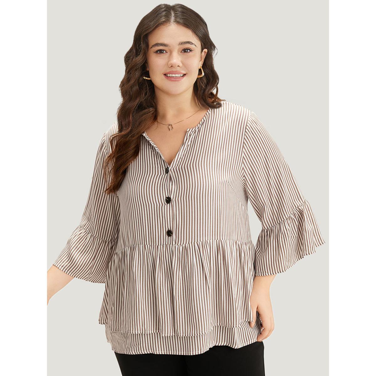 Plus Size Multicolor Striped Button Up Ruffles Bell Sleeve Blouse Women Office Elbow-length sleeve V-neck Office Blouses BloomChic 28/5X Product Image