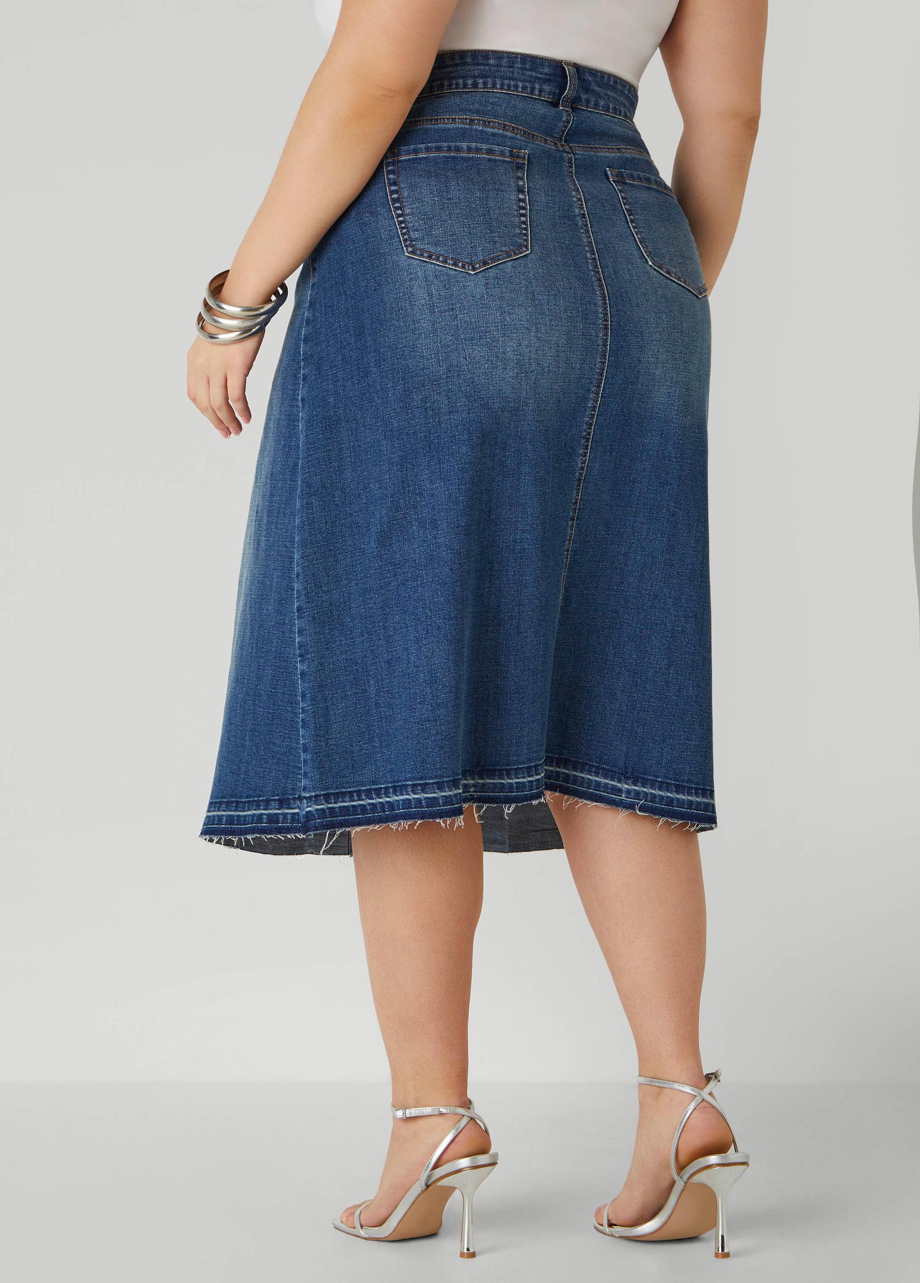 Plus Size Frayed Pleated Denim Midi Skirt Ashley Stewart Product Image