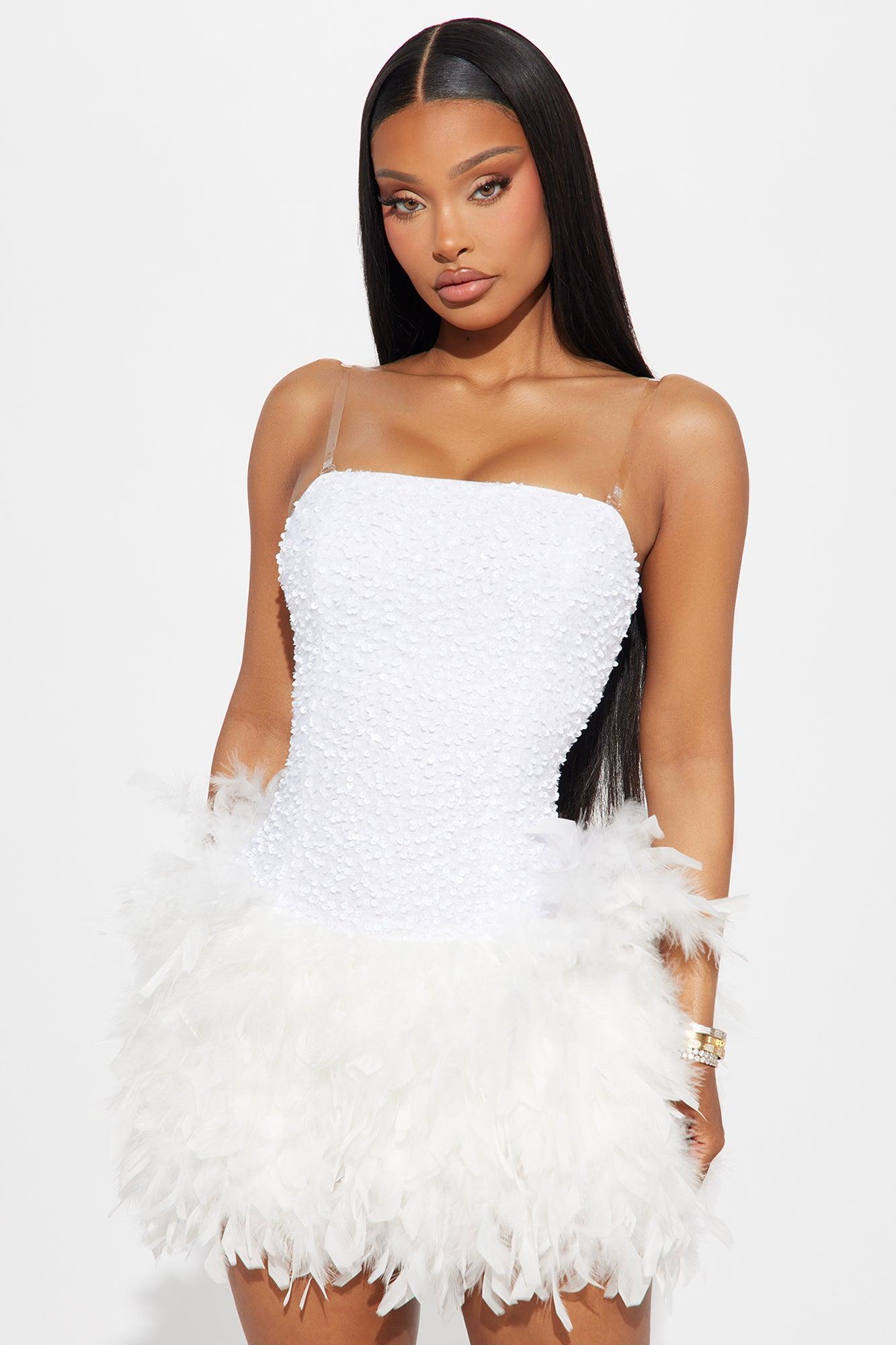 Zoey Feathered Sequin Mini Dress - White Product Image