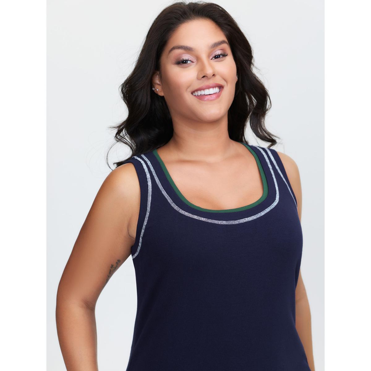 Plus Size Supersoft Scoop Neckline Contrast Tank Top Women DarkBlue Leisure Topstitching U-neck Casual Tank Tops Camis BloomChic 22-24/3X Product Image