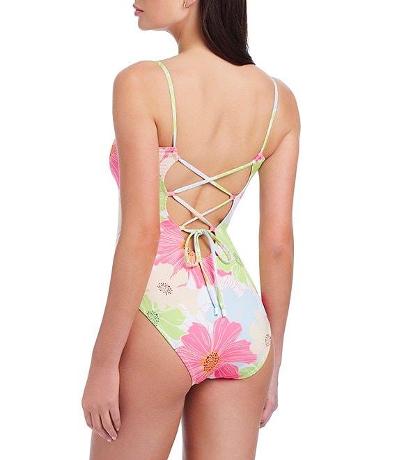 Sanctuary Charming Floral Lace-Up V-Wire Neck One Piece Swimsuit Product Image
