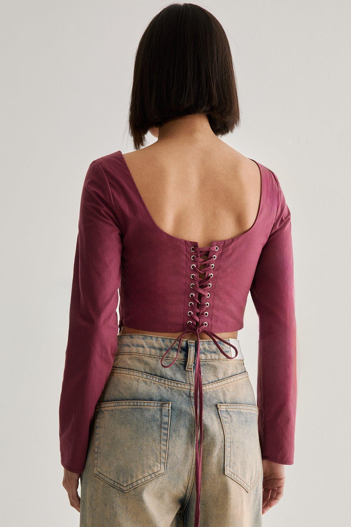 Cotton Lace Trim Lace Up Back Long Sleeve Corset Top Product Image