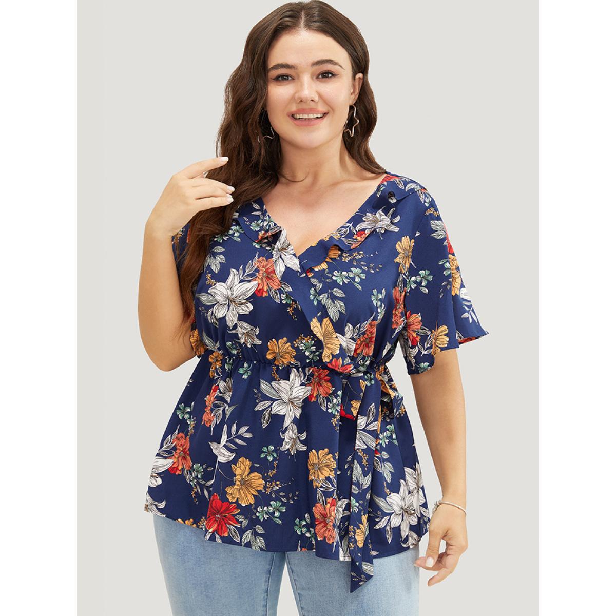 Plus Size Indigo Floral Ruffle Trim Knot Side Wrap Blouse Women Elegant Short sleeve V-neck Dailywear Blouses BloomChic 30/6X Product Image