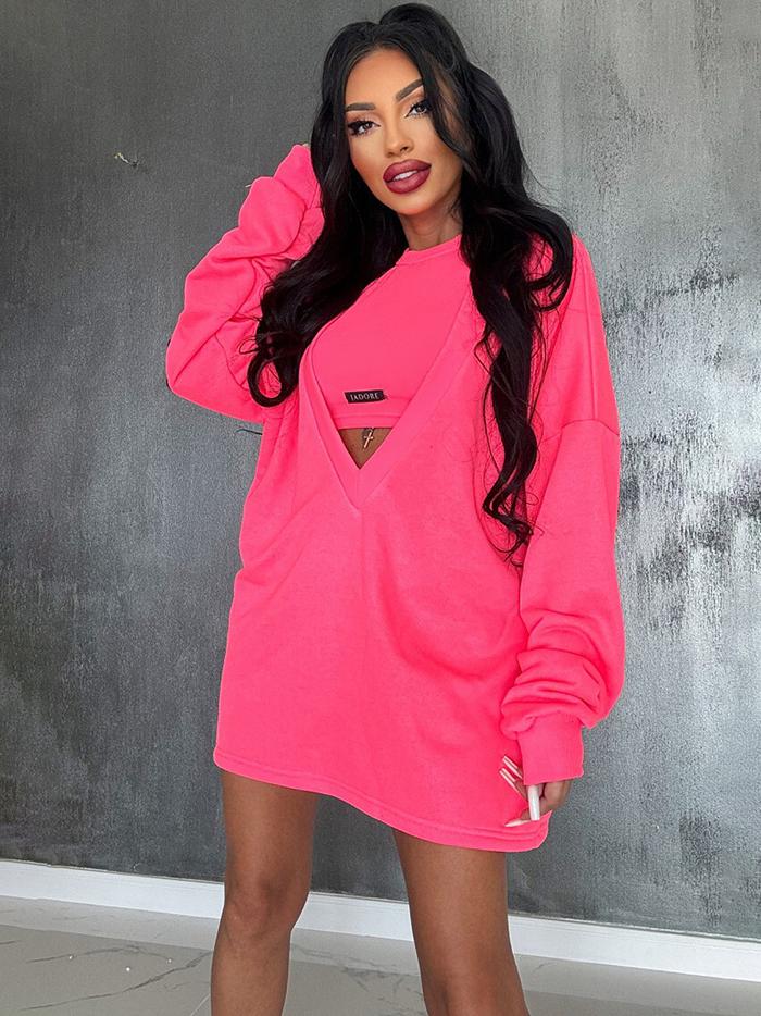 Loose Solid Color Round-Neck Mini Dresses & Vest Top Two Pieces Set  Product Image