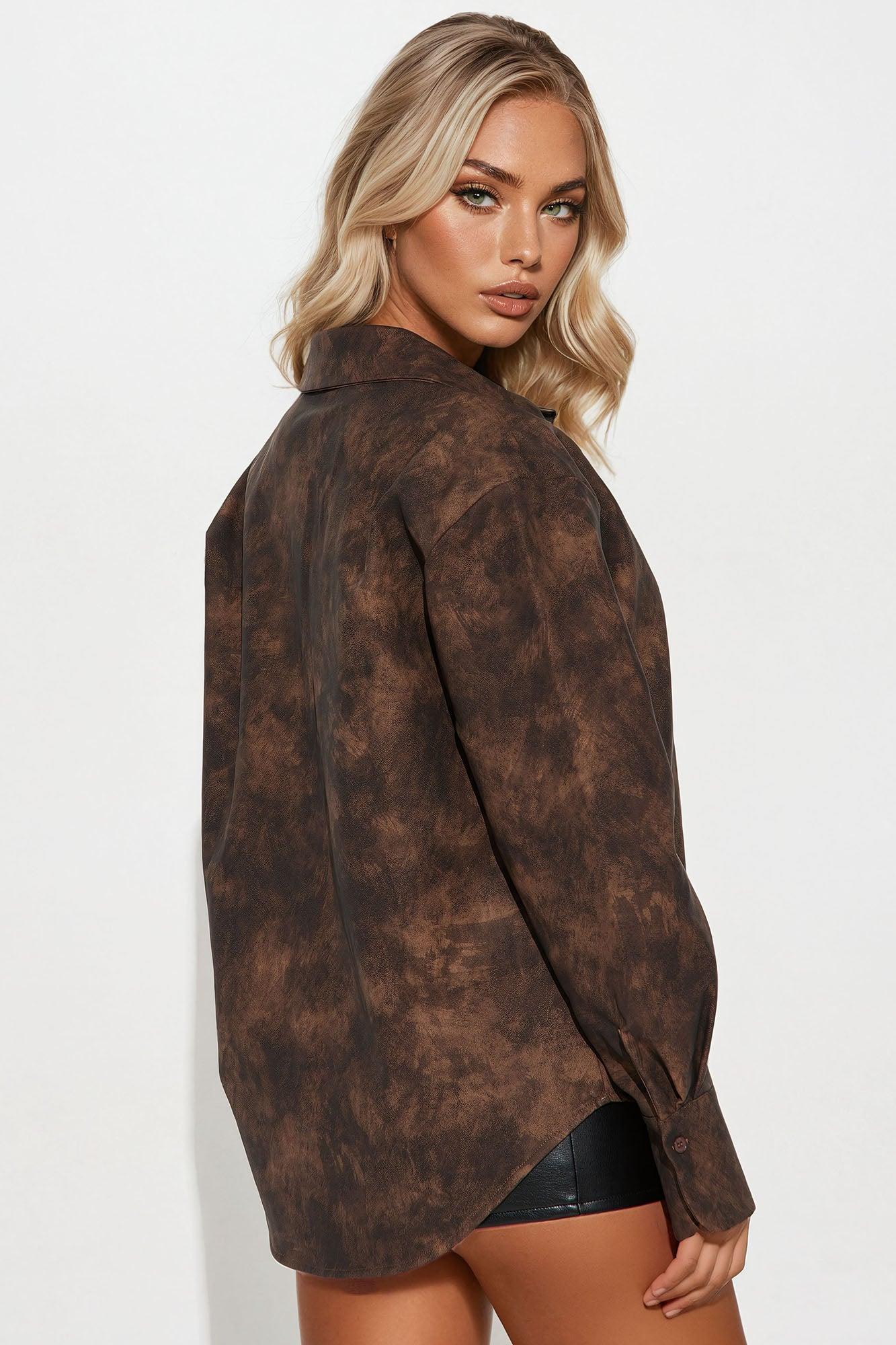 Keep Up Washed Faux Leather Shirt - Brown Product Image