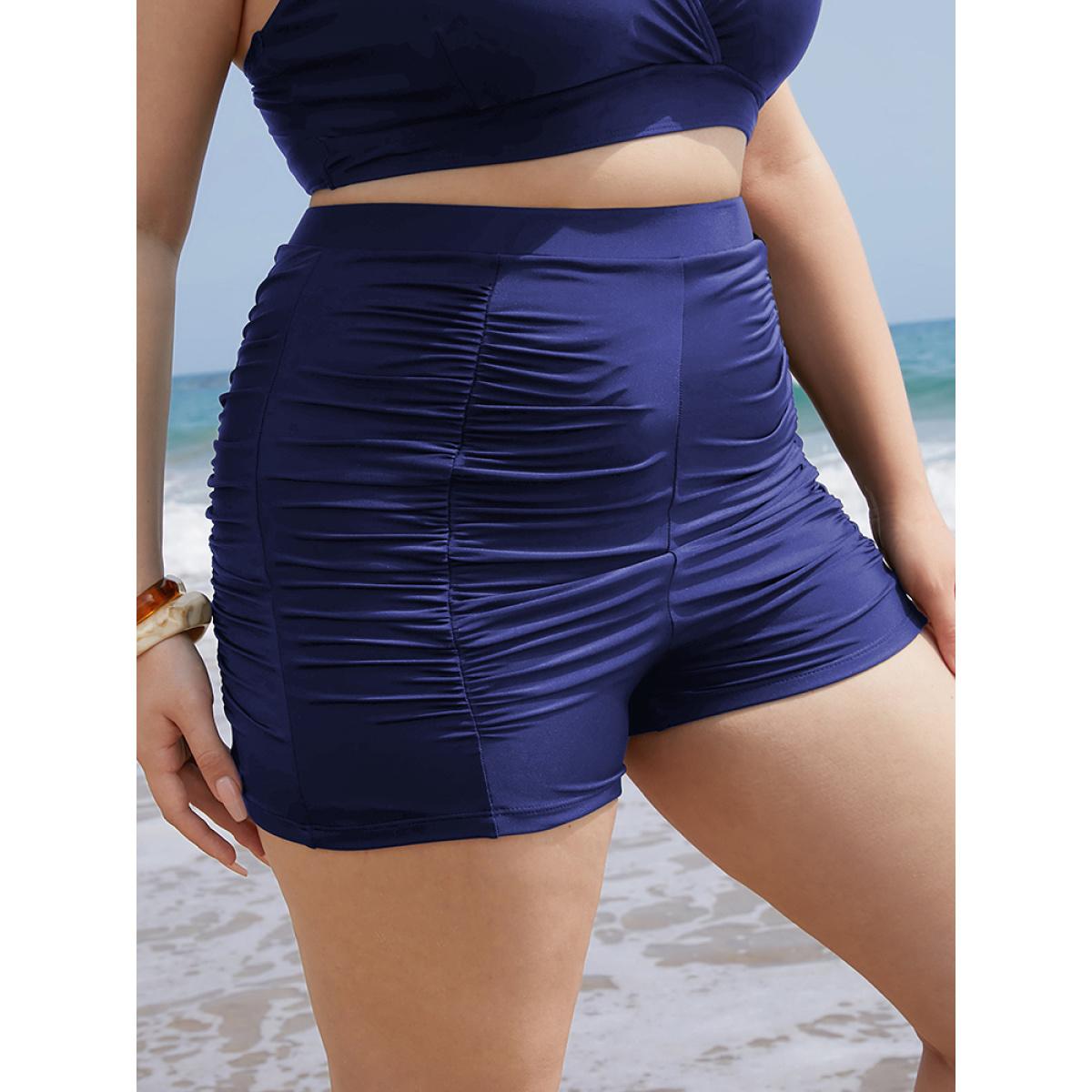 Plus Size Solid High Waist Ruched Detail Swim Shorts Women's Swimwear Indigo Beach Gathered High stretch Skinny High Rise Curve Swim Bottoms BloomChic 14-16/1X Product Image