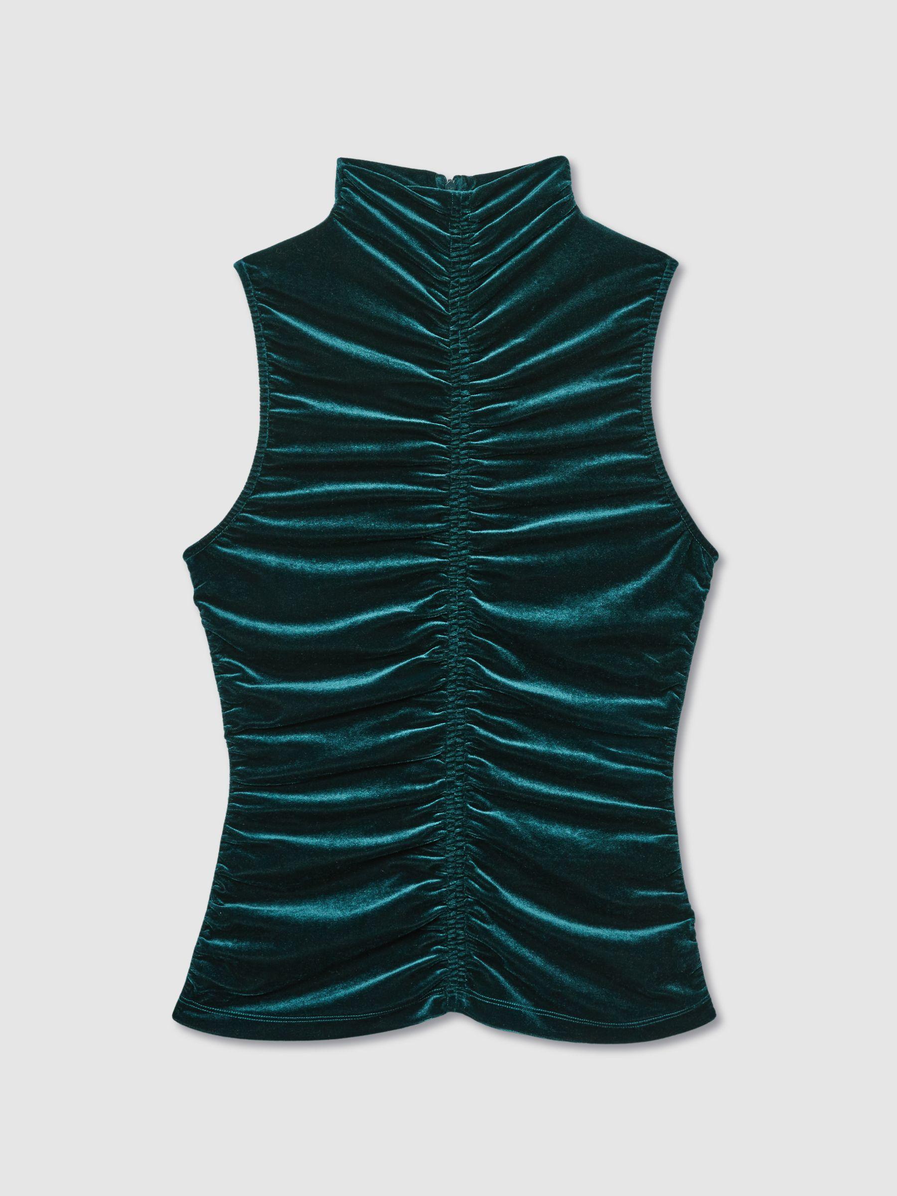 Racer-Front Ruched-Velvet Sleeveless Top in Teal Product Image