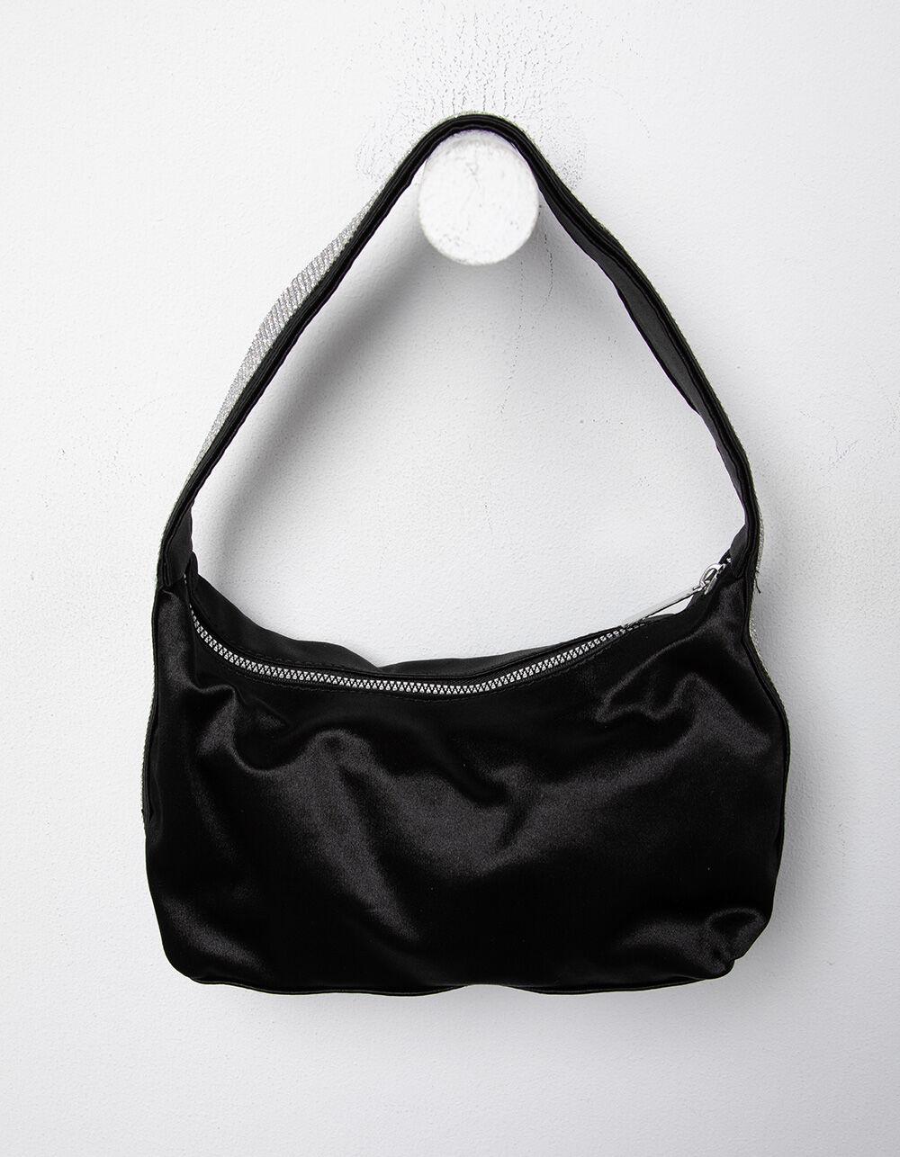 Satin Rhinestone Trim Shoulder Bag - BLACK Product Image