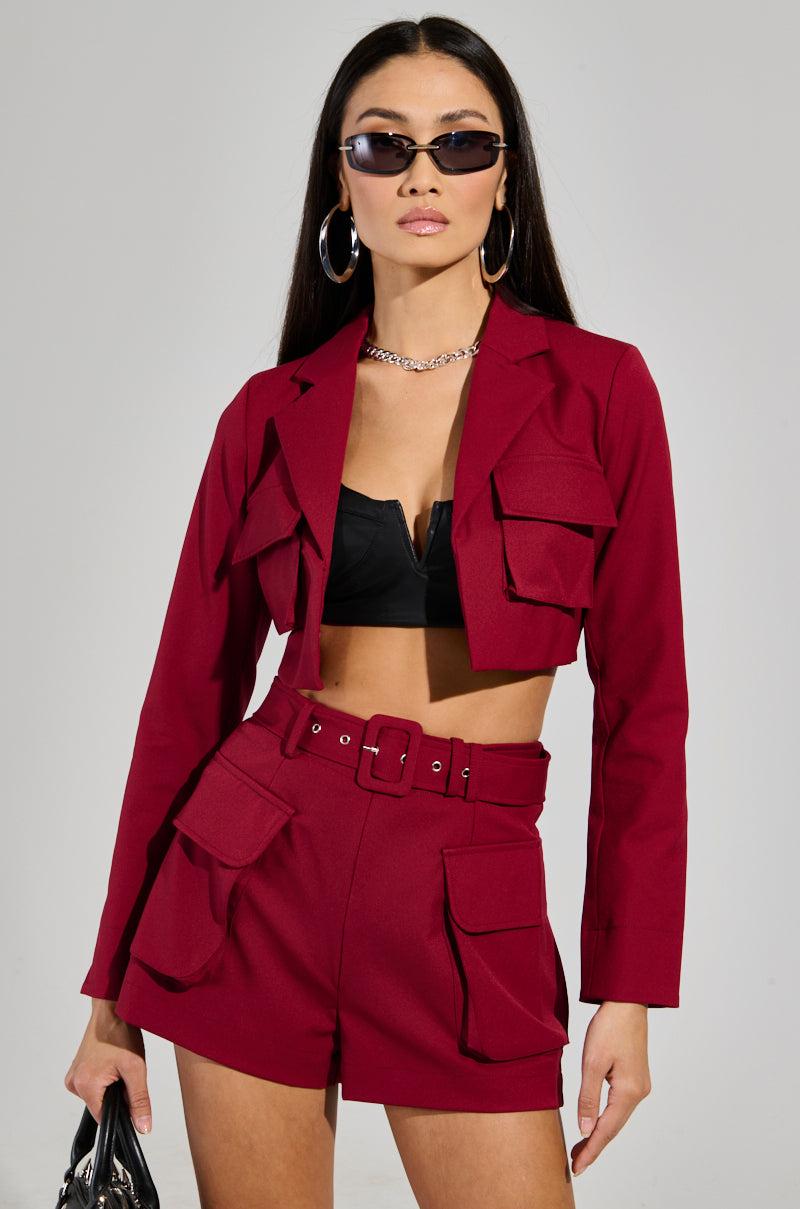 BETTER LUCK CROP BLAZER IN BURGUNDY Product Image