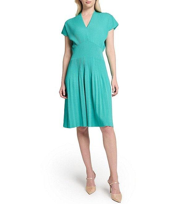 Ming Wang x Tanya Foster Ribbed Knit V-Neck Short Sleeve Fit-And-Flare Dress Product Image