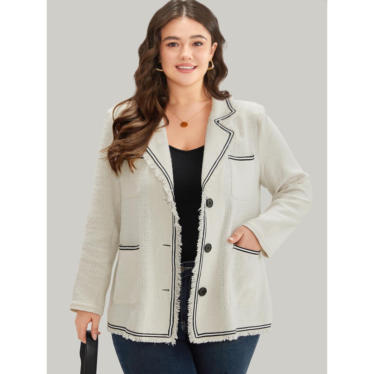 Plus Size Lapel Collar Tweed Contrast Fuzzy Trim Blazer White Women Office Plain Texture Sleeve Long Sleeve Lapel Collar 18-20/2X Pocket Office Blazers BloomChic Product Image