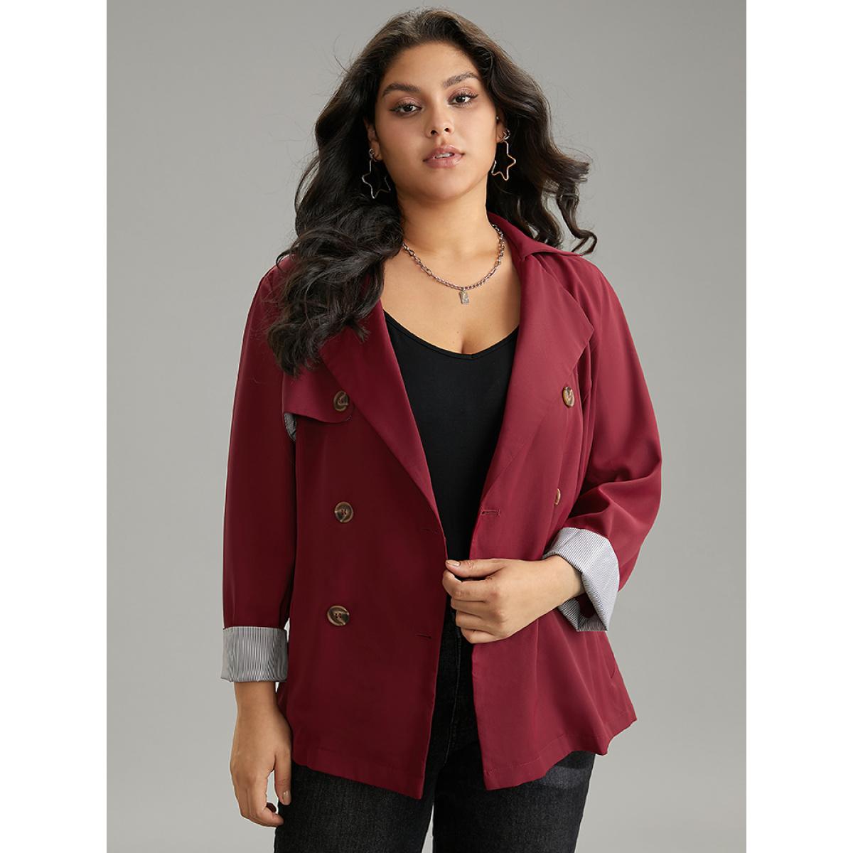 Plus Size Twill Lapel Collar Belted Button Up Buckle Detail Coat Women Burgundy Casual Plain Ladies Dailywear Winter Coats BloomChic 28/5X Product Image