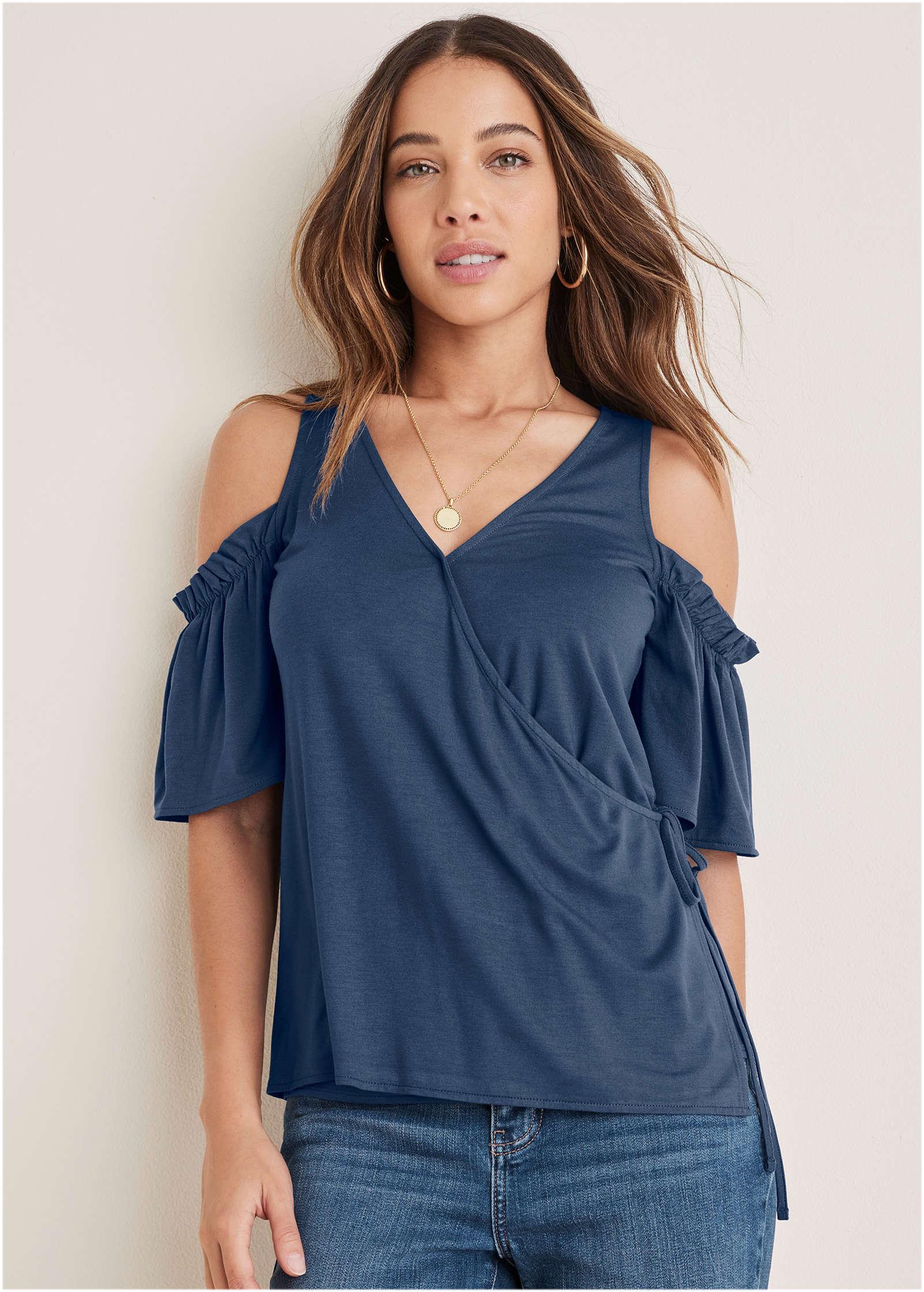 Cold Shoulder Wrap Blouse - Navy Product Image