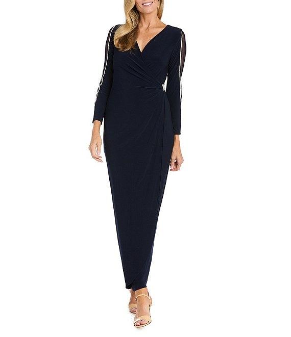 R & M Richards Mesh V-Neck 3/4 Sleeve Wrap Dress Product Image