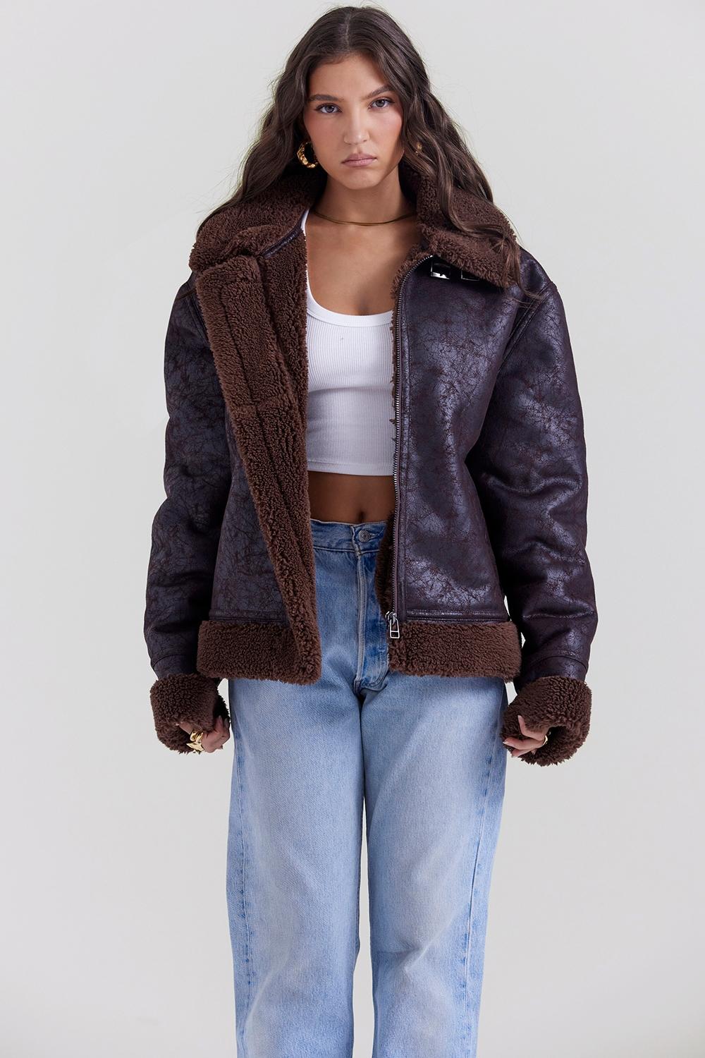 Madden  brown vegan shearling aviator jacket - sale Product Image