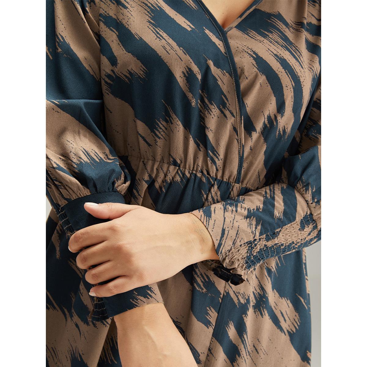 Plus Size Brush Print Elastic Waist Wrap Split Hem Dress Indigo Women At the Office Elastic Waist V-neck Long Sleeve Curvy Midi Dress BloomChic 30/6X Product Image