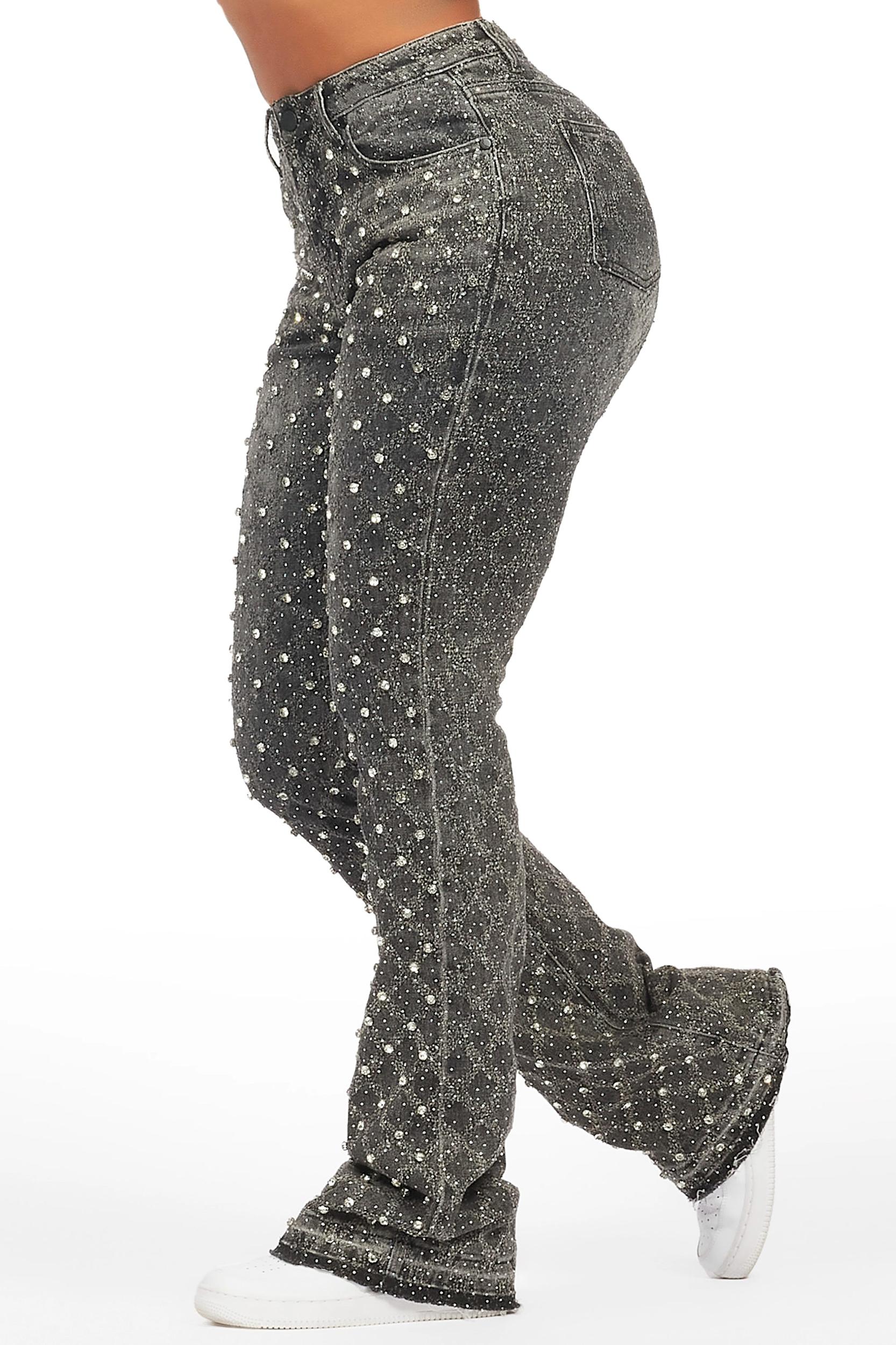 Sareka Grey Wash Rhinestone Stacked Flare Jean Female Product Image