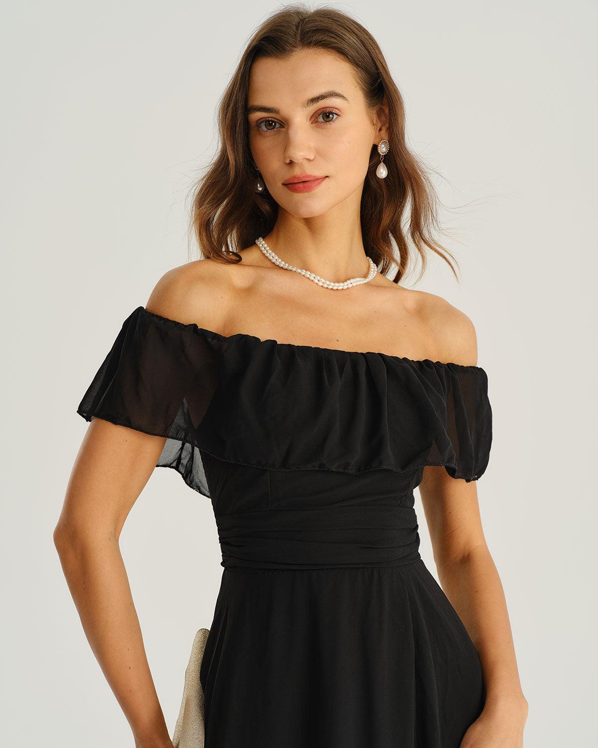 Black Off The Shoulder A-Line Maxi Dress Product Image