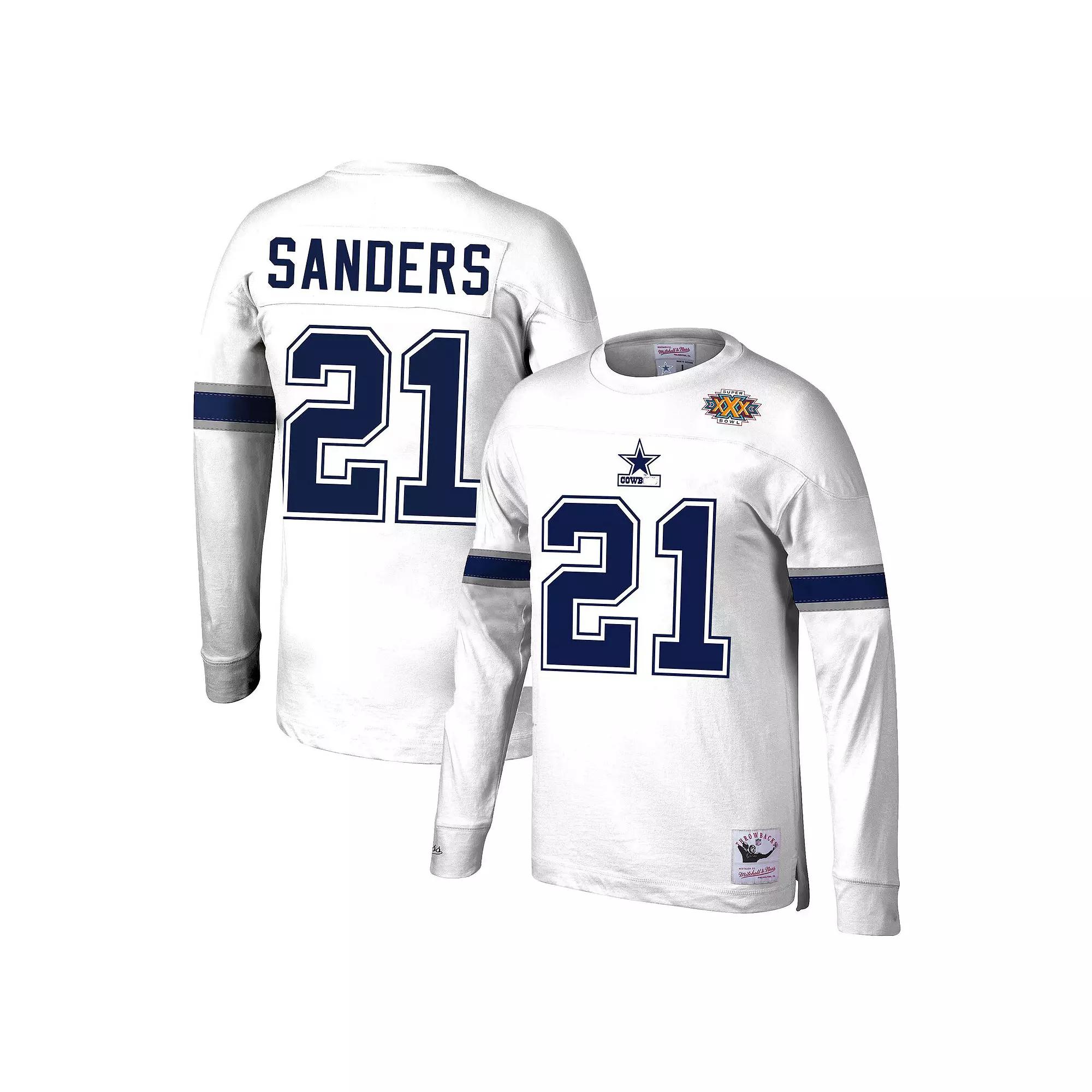 Men's Mitchell & Ness Deion Sanders White Dallas Cowboys Retired Player Name & Number Long Sleeve Top,  Product Image