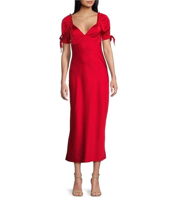 Midnight Doll Satin Puff Short Sleeve V-Neck Dress Product Image