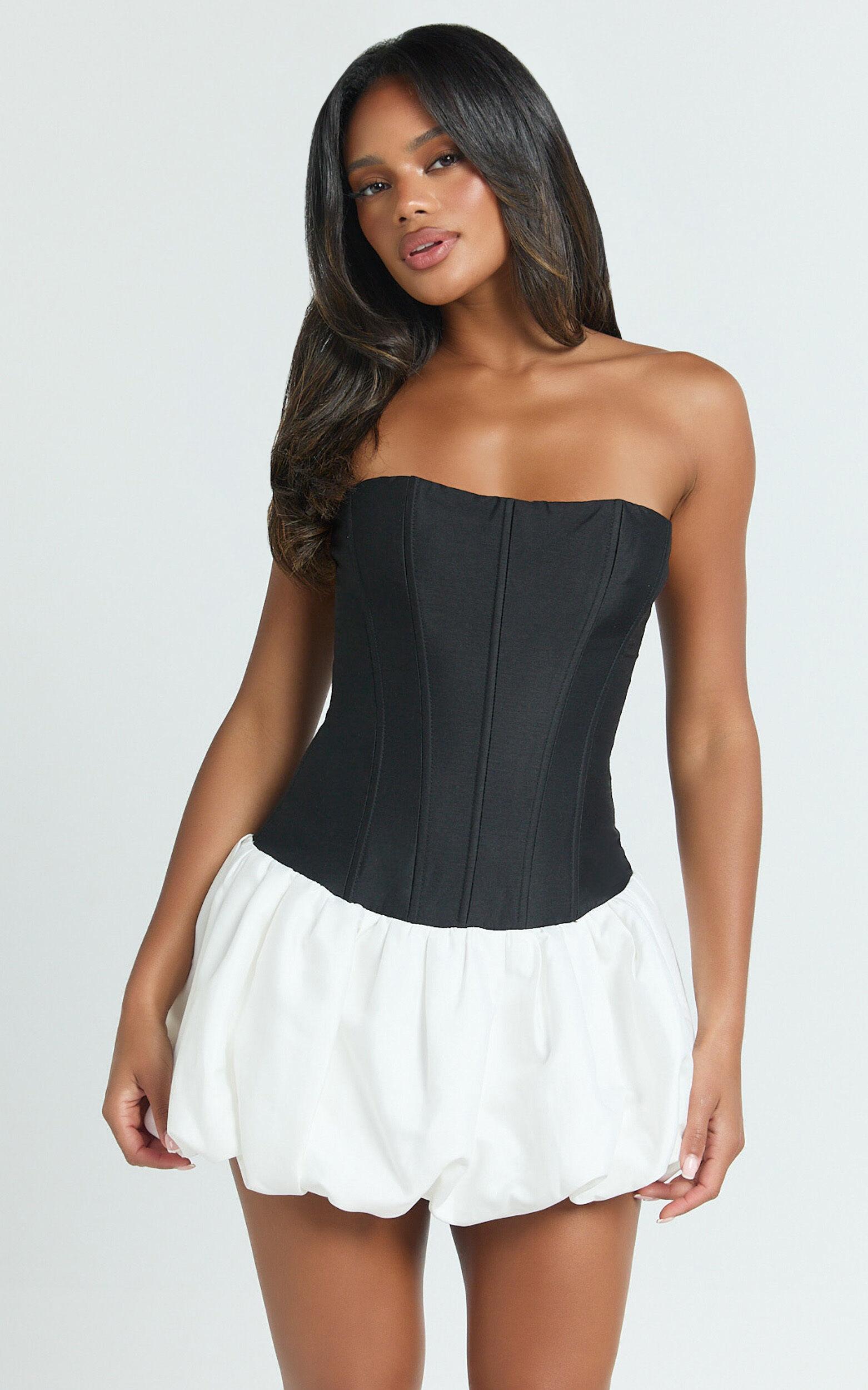 Santana Mini Dress - Strapless Fit And Flare Bubble Hem Dress in Black/White Product Image