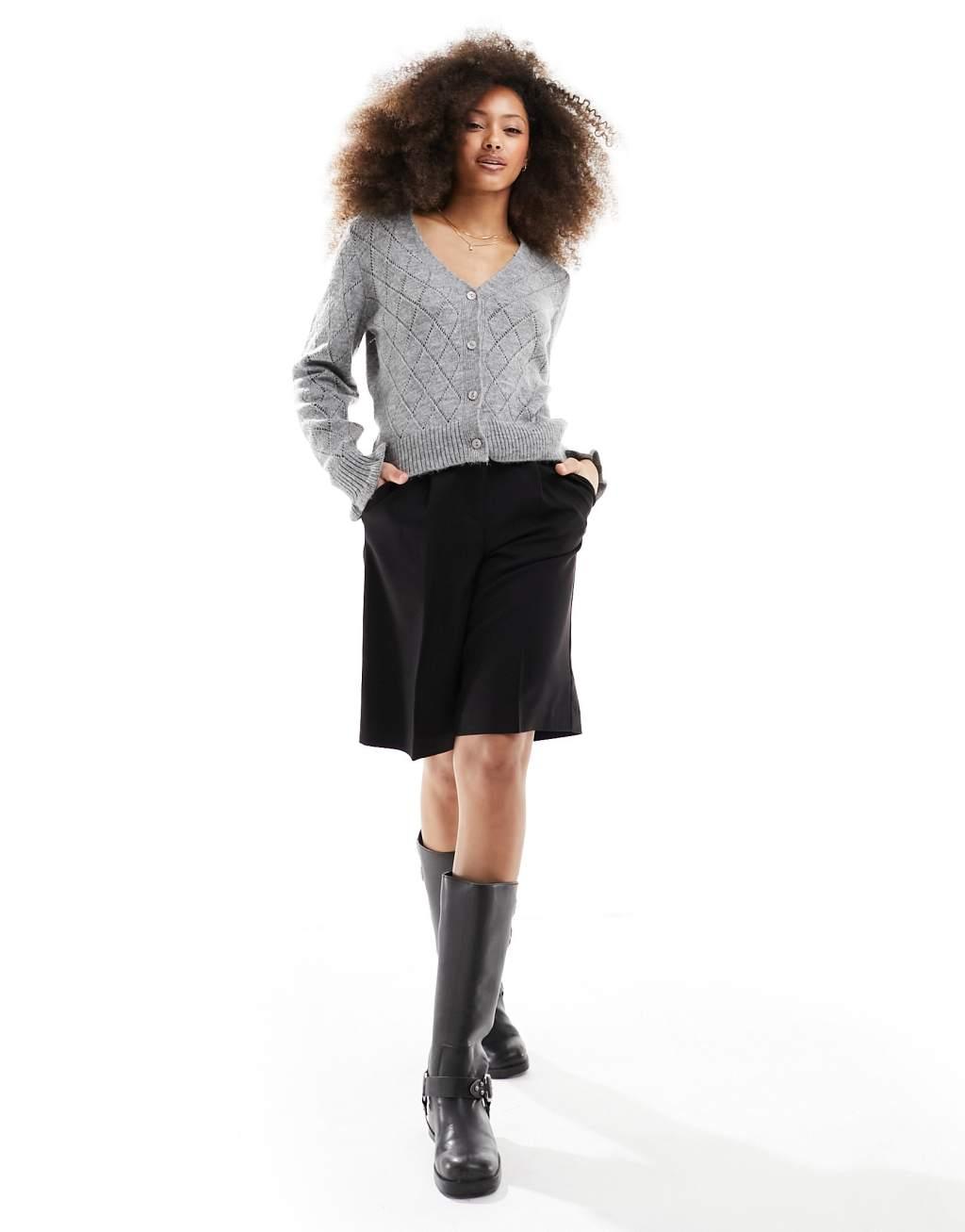 JDY diamond knit cardigan with lettuce sleeve in gray melange Product Image