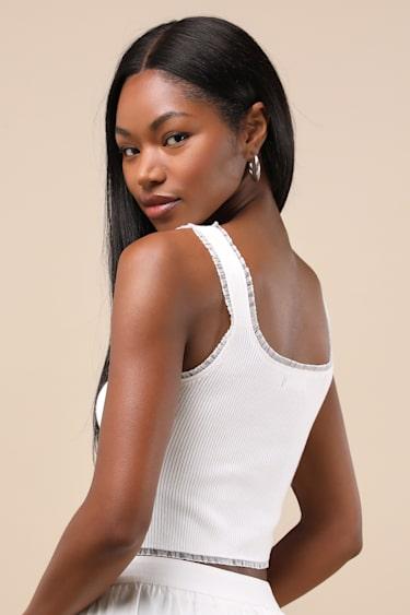 Josepha White Ribbed Knit Ruffled Crop Tank Top Product Image