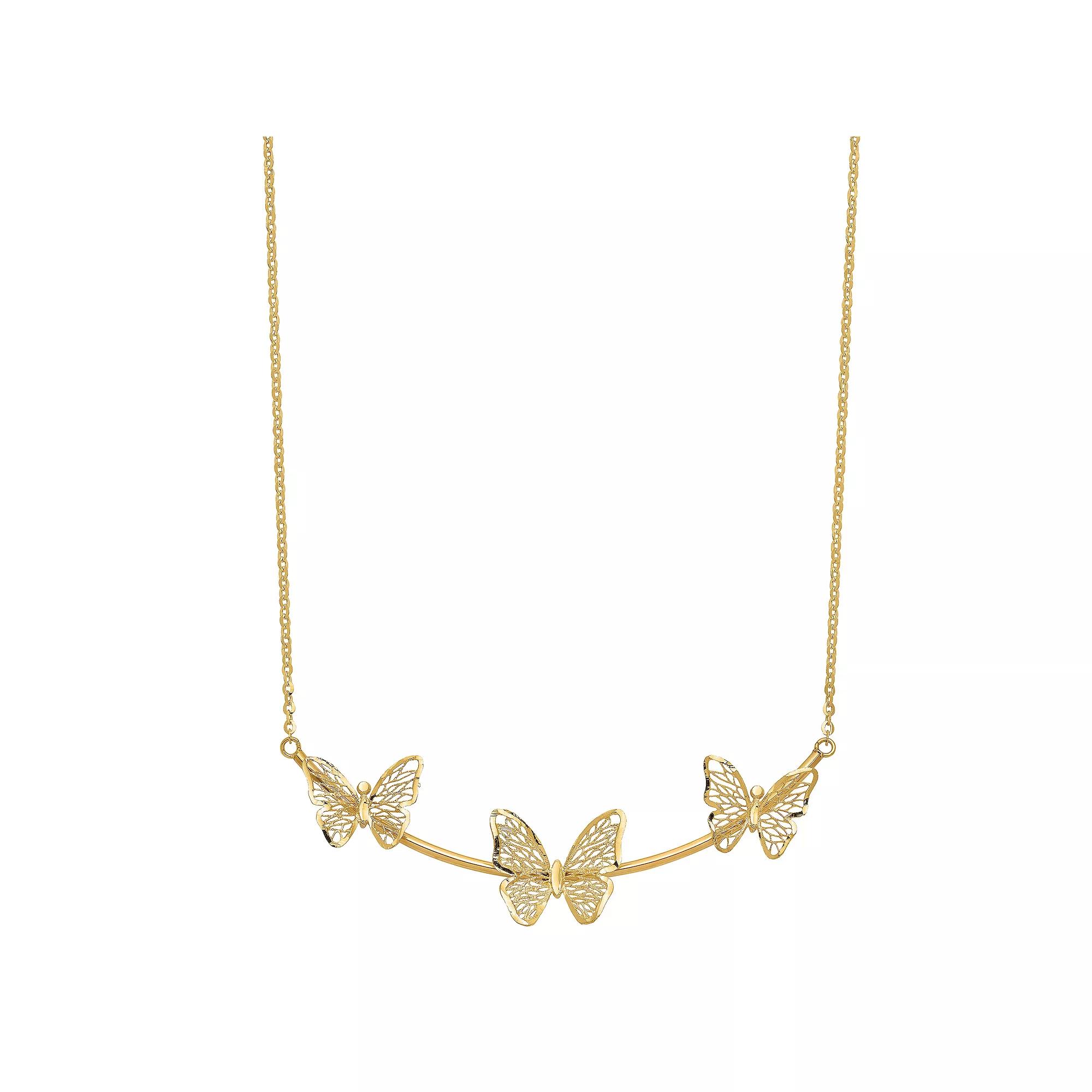 14k Gold Polished Filigree 3-Butterfly Bar Necklace, Women's, Size: 18" Product Image