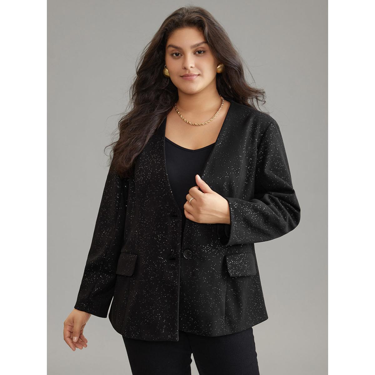 Plus Size Glitter Flap Pocket Button Down Blazer Black Women Dailywear Plain Lined Sleeve Long Sleeve Suit Collar 10/M Pocket Casual Blazers BloomChic Product Image